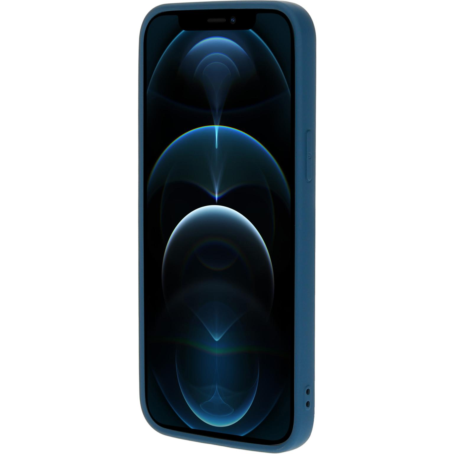 Blue phone case with a phone inside. The phone screen shows a blue abstract design.
