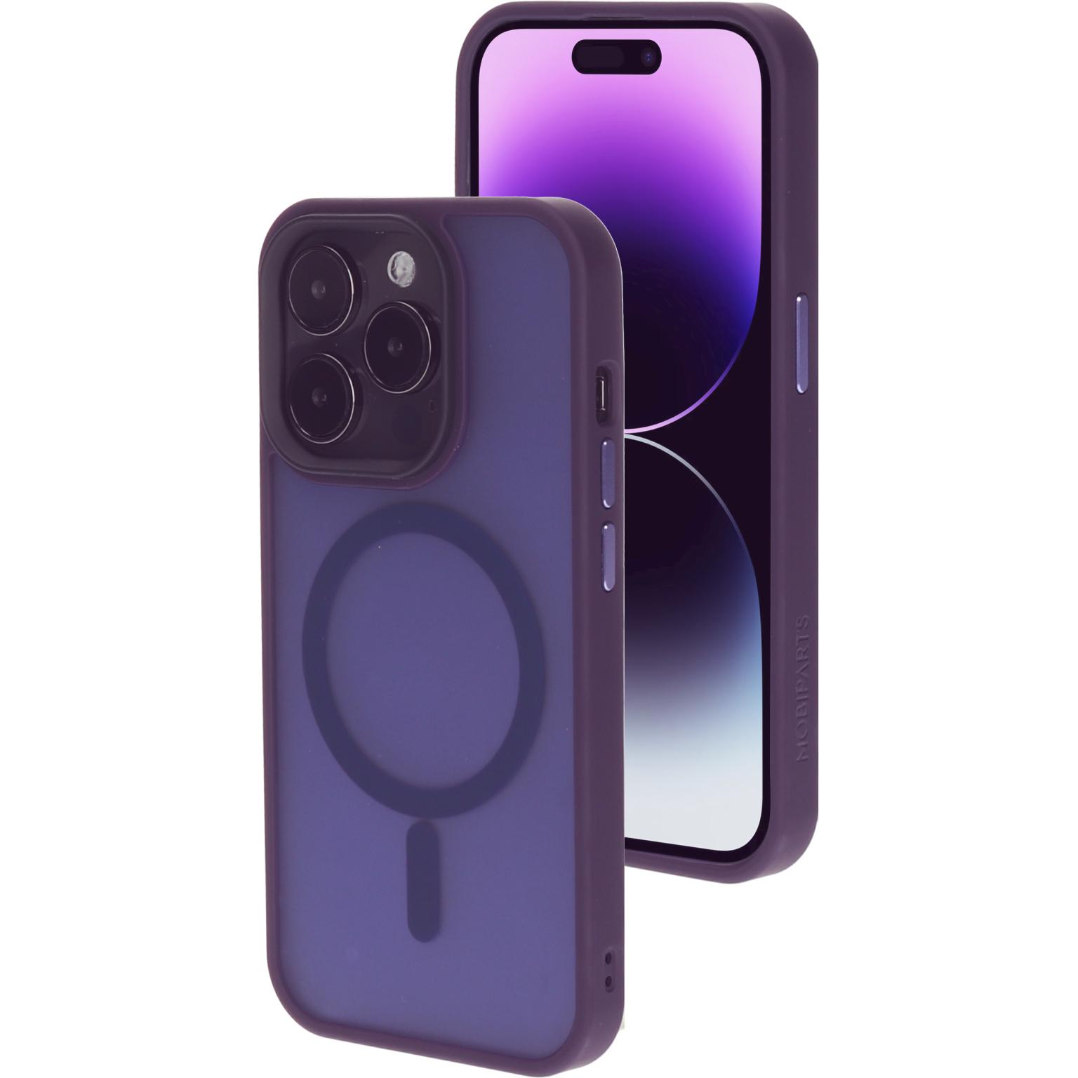 Paarse telefoonhoes met een magnetische cirkel. De hoes heeft een zwart frame.