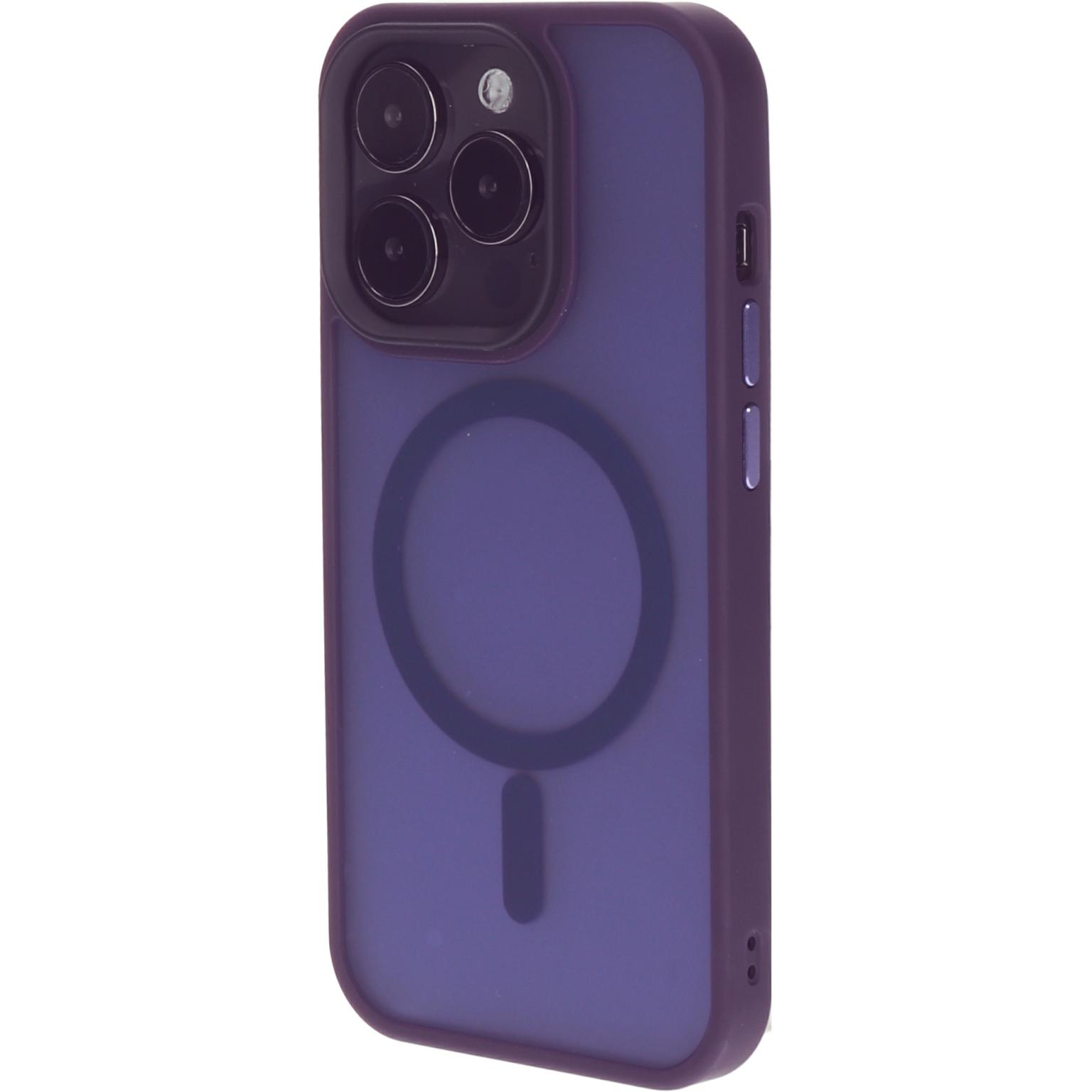 Paarse telefoonhoes met een cirkelvormig magnetisch ontwerp op de achterkant.