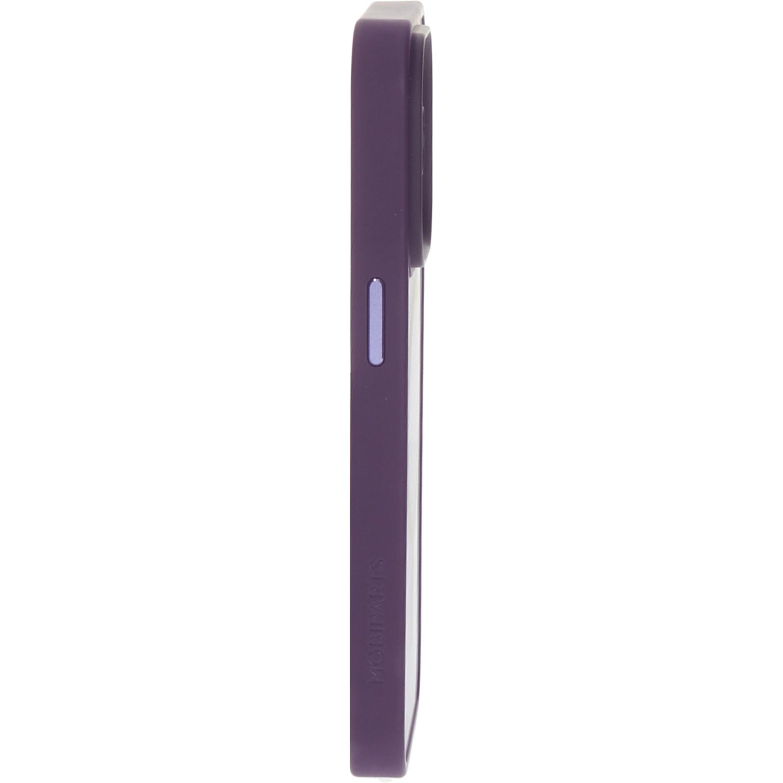 Paarse telefoonhoes. Het is een effen kleur. De zijkanten hebben knoppen. Het is een rechthoekige vorm.