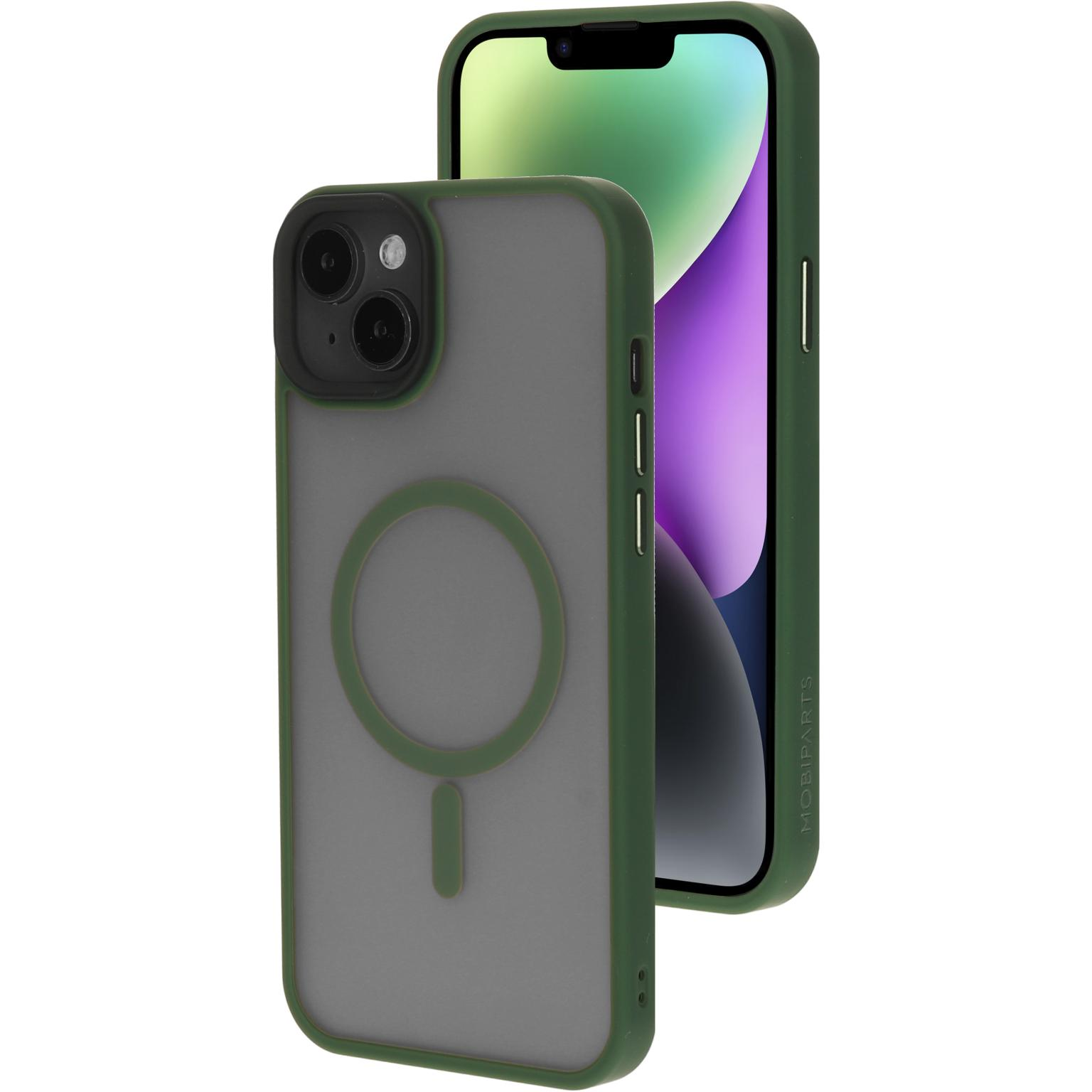 Groene en grijze telefoonhoes, telefoon en hoes zichtbaar.