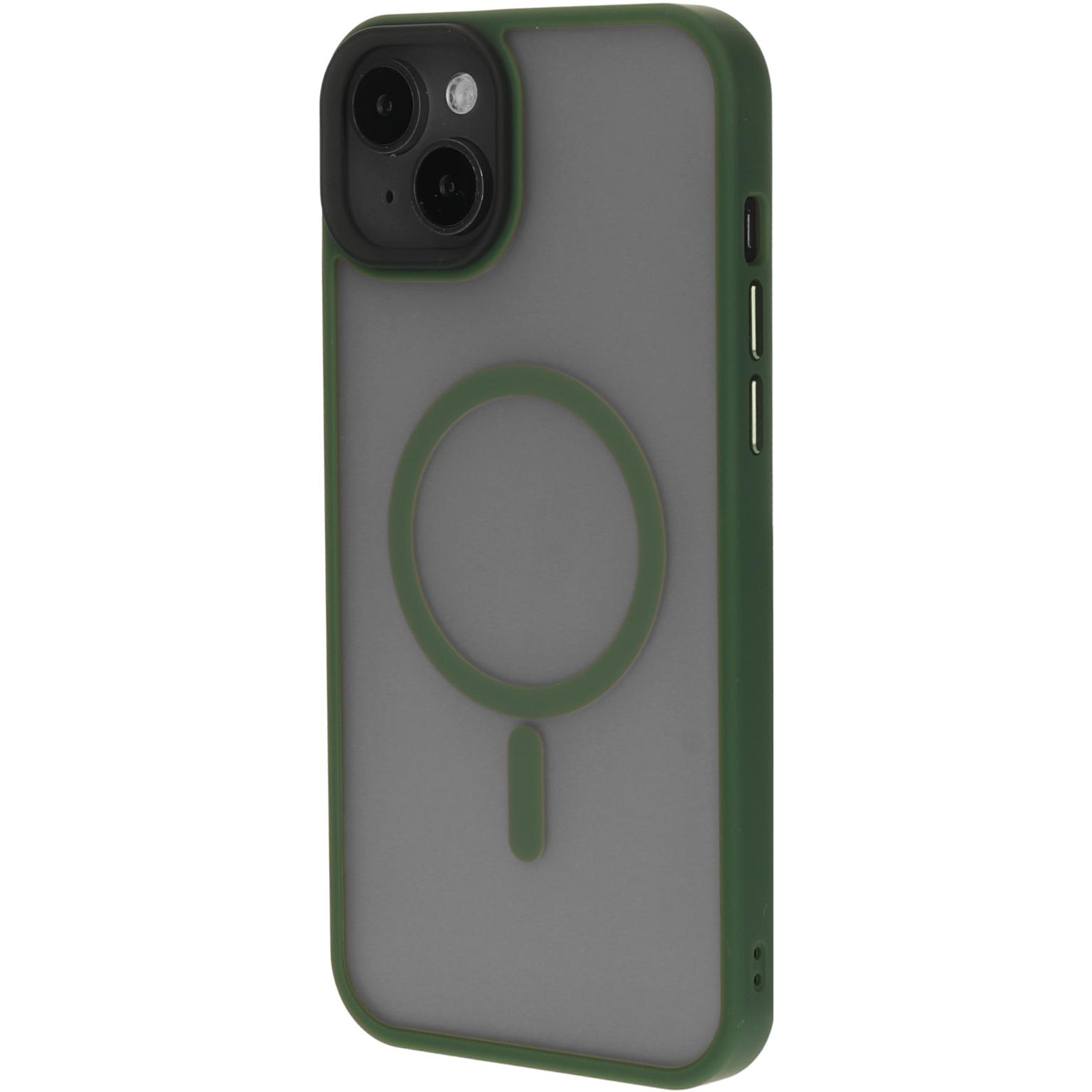 Groene telefoonhoes met magsafe ring, zijaanzicht.