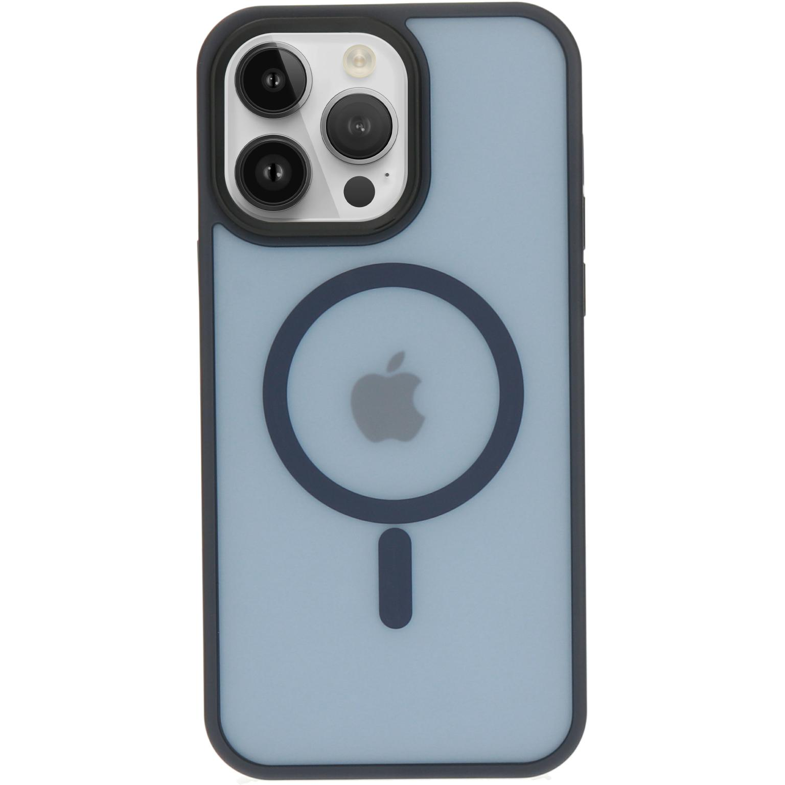 Blauwe telefoonhoes met een magnetische cirkel en Apple-logo. De hoes heeft een donkerblauwe rand.