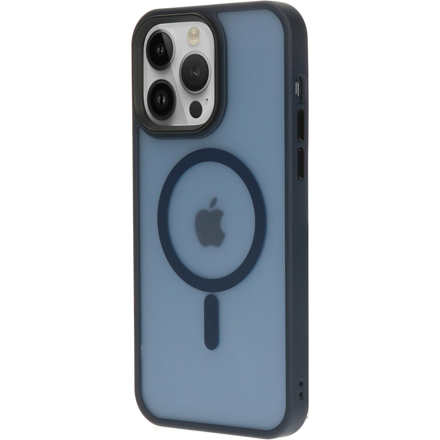 Blauwe en zwarte telefoonhoes met Apple-logo.