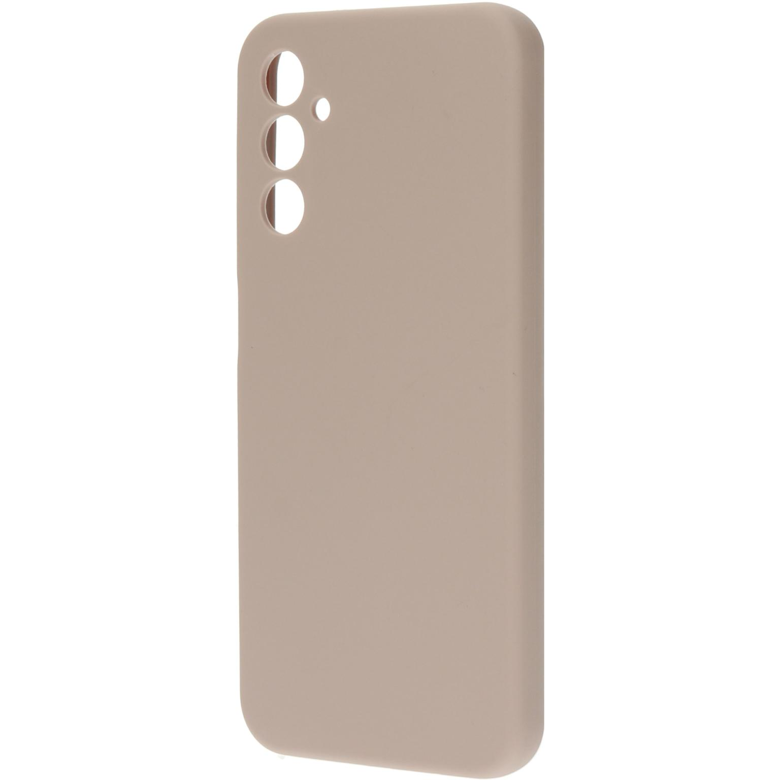 Beige telefoonhoesje met camera- en knipgaten. De hoes is in een close-up.