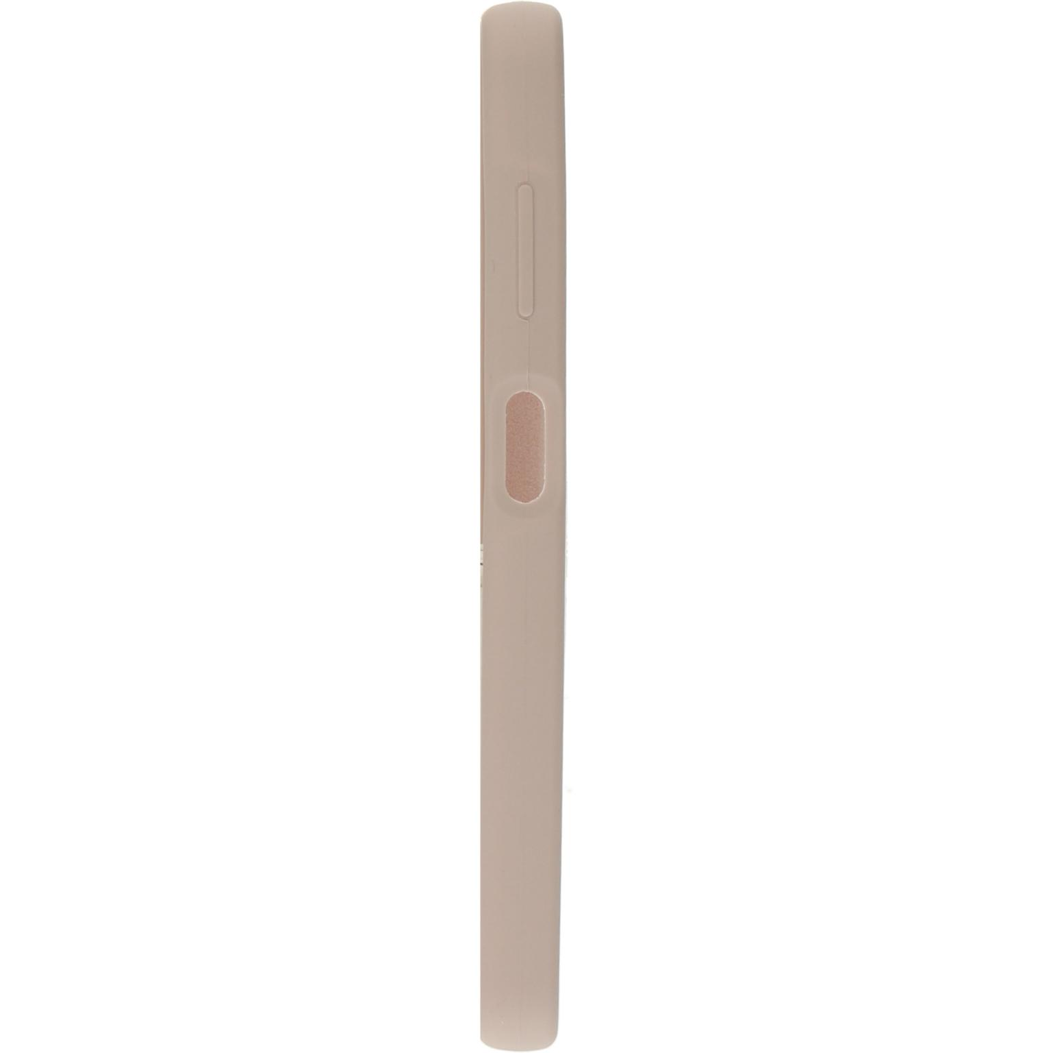 Zijaanzicht van een lichtbeige telefoonhoesje, op een witte ondergrond.