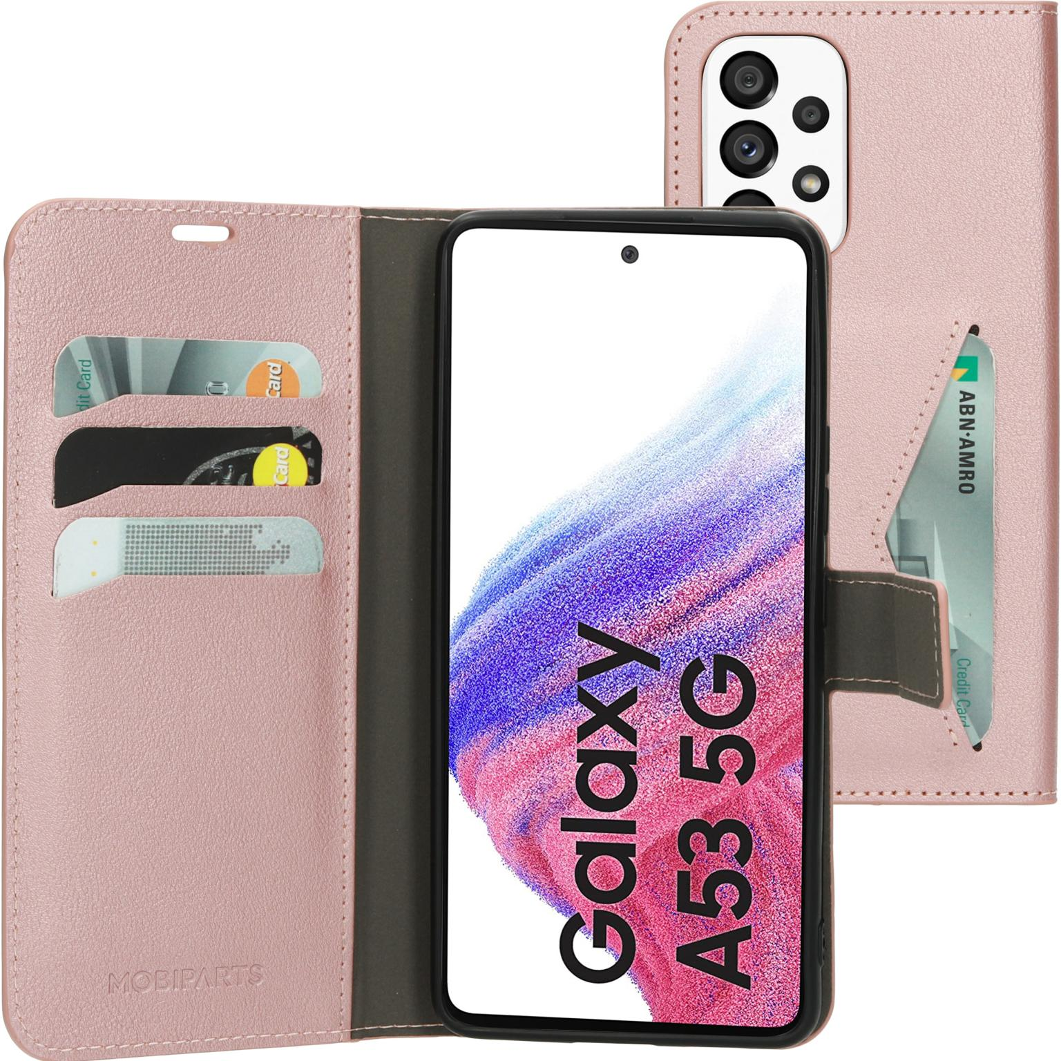 Roze telefoonhoesje, open, met een telefoonscherm met Galaxy A53 5G tekst. Kaartsleuven zichtbaar.