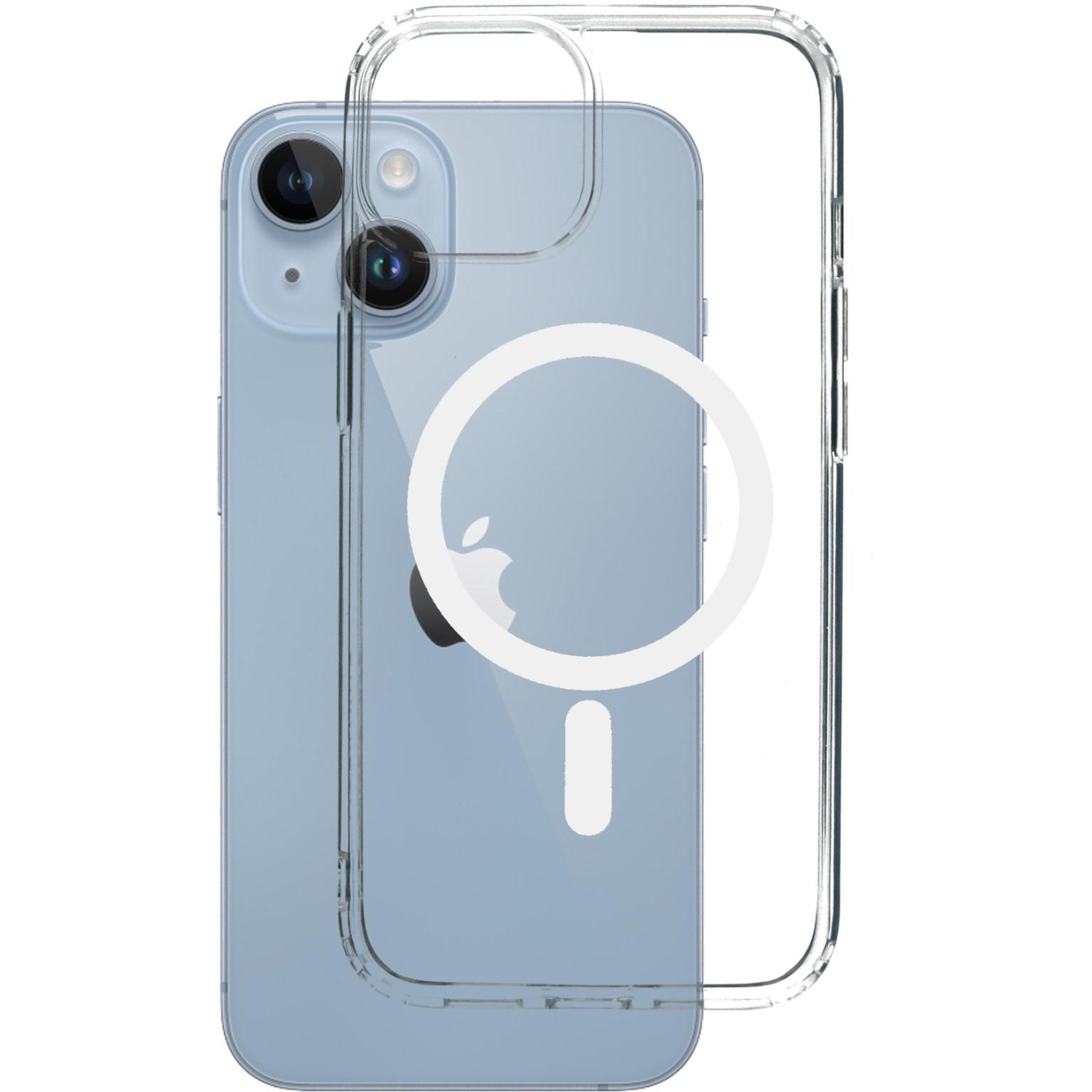 Transparante telefoonhoes met Apple-logo, telefoon erin.