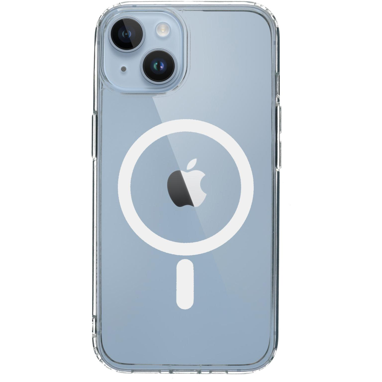 Transparante telefoonhoes met Apple-logo en magnetische ring.