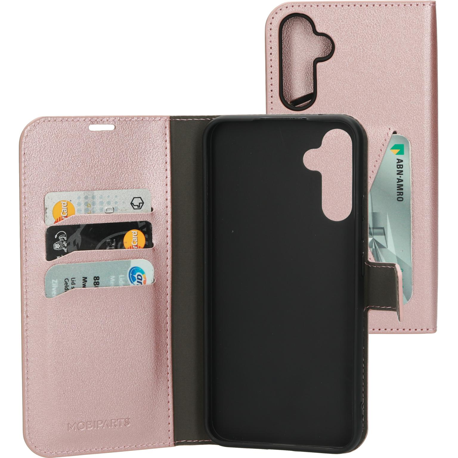 Roze telefoonhoes portemonnee. De hoes is roze met kaartsleuven en een zwarte telefoon erin.