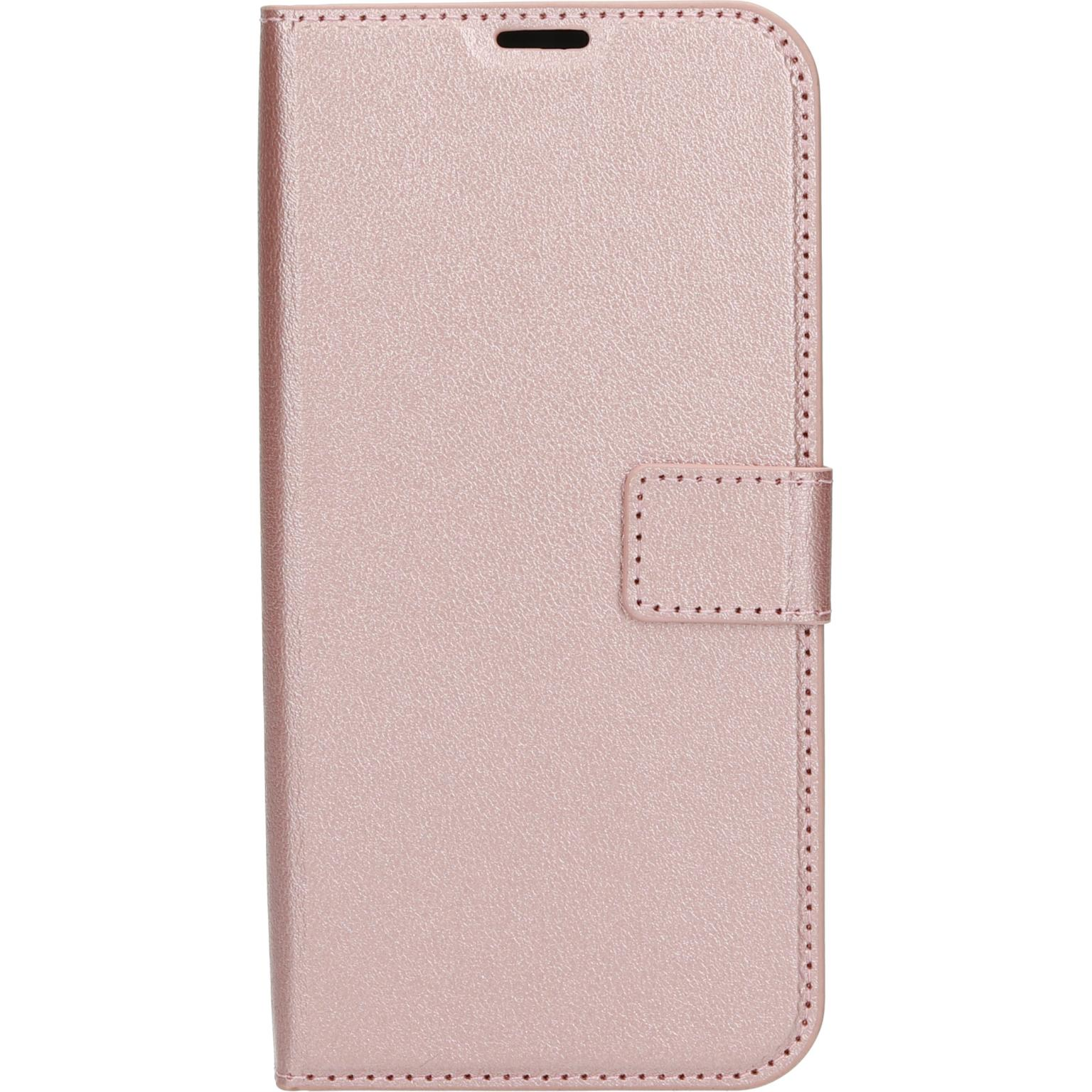Roze telefoonhoesje, gesloten, met een sluiting. Het heeft een glad oppervlak en stiksels.