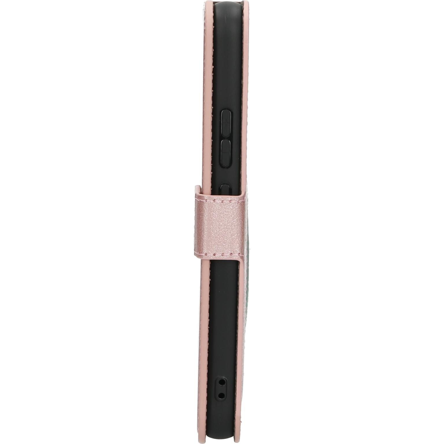 Roze telefoonhoes, zijaanzicht, met magnetische sluiting. Gladde afwerking en uitsparingen voor knoppen.