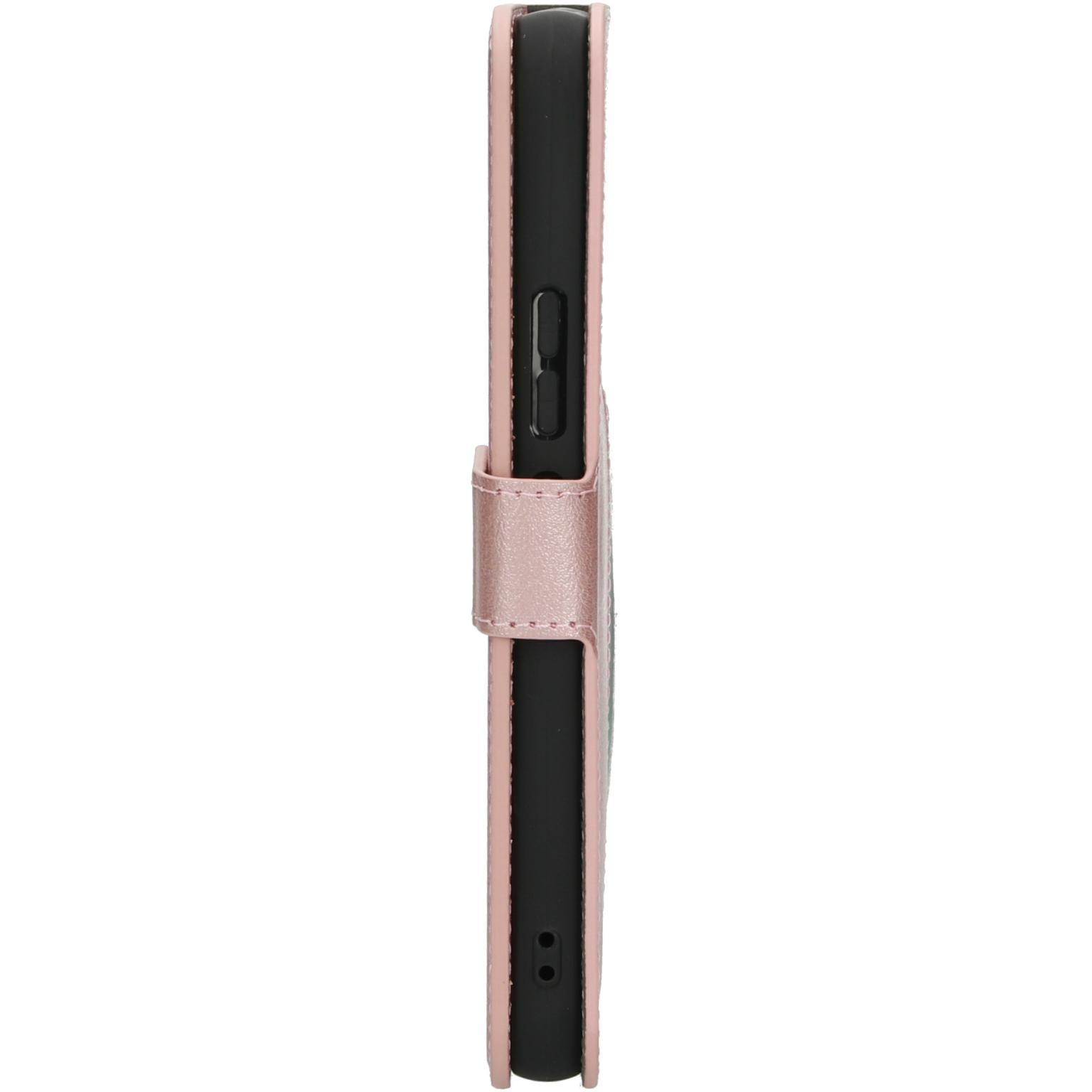 Roze telefoonhoes met een telefoon erin, de hoes is open. De achtergrond is wit.
