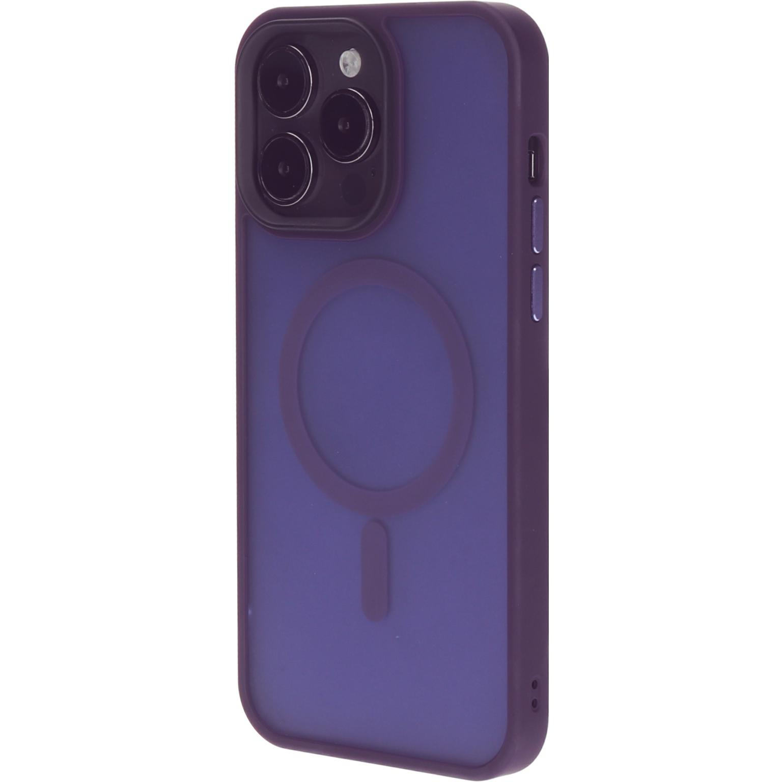 Paarse telefoonhoes, zijaanzicht, met camera en een cirkel voor MagSafe. Donkerpaars.