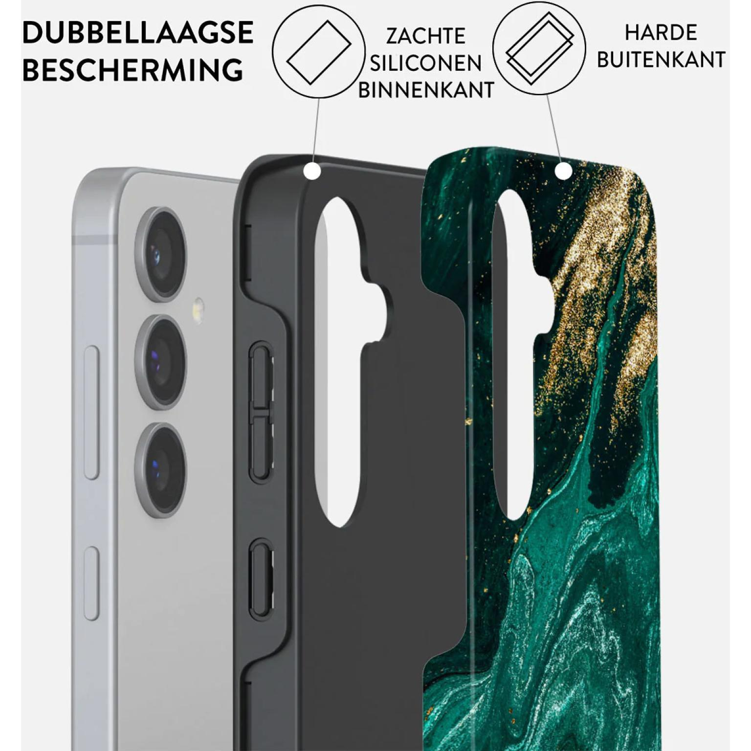 Strati della custodia del telefono che mostrano l'interno in silicone e l'esterno rigido.