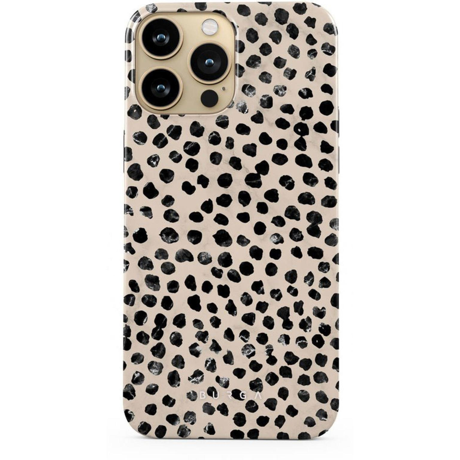 Custodia per telefono con sfondo beige e pois neri. Ha quattro lenti.