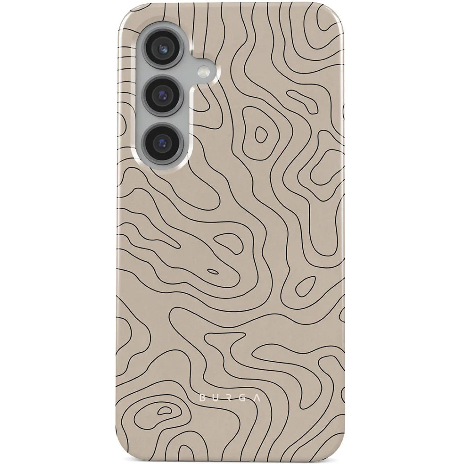Beige telefoonhoes met zwarte contourlijnen.