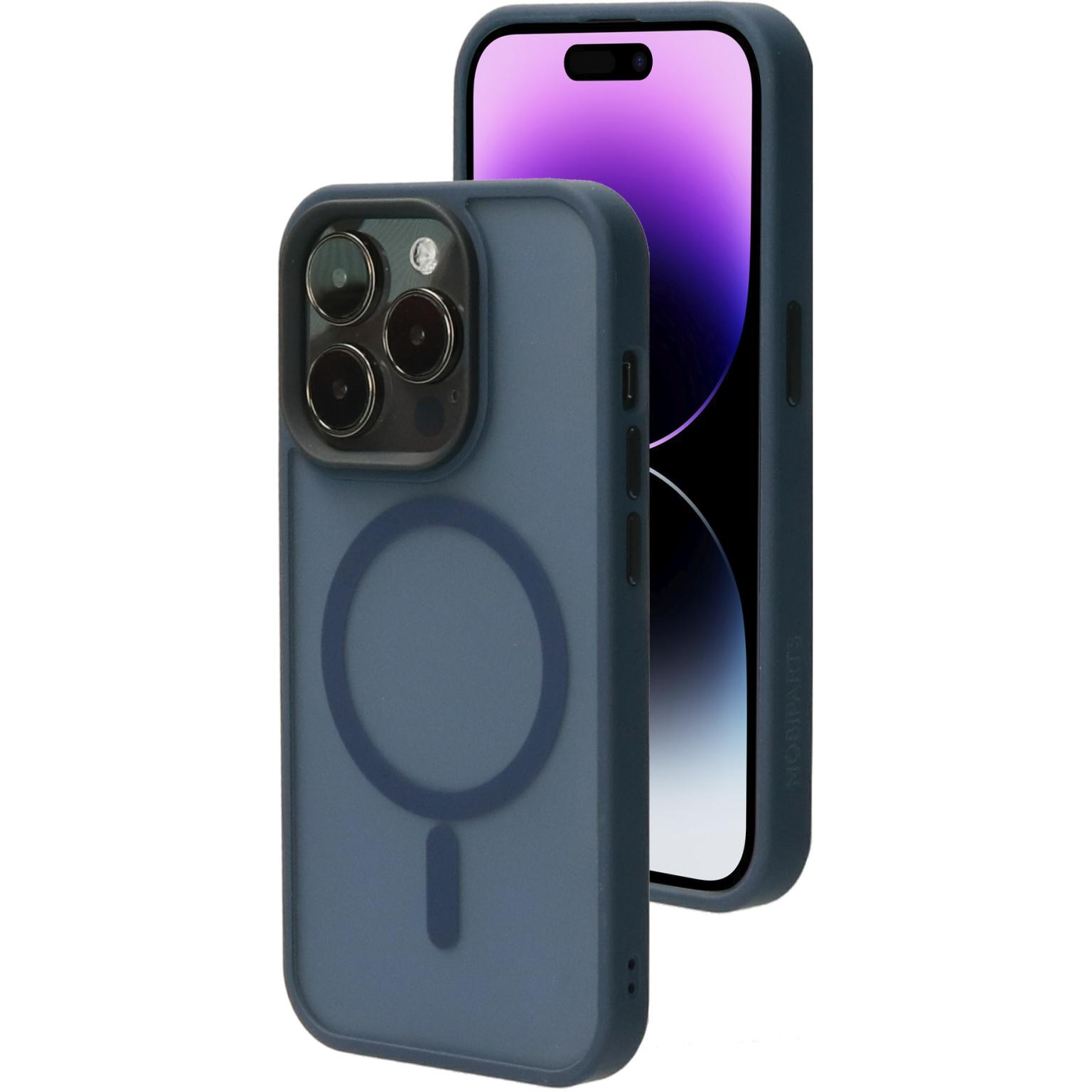 Blauwe telefoonhoes met magnetische cirkel en een iPhone. De achtergrond is wit.