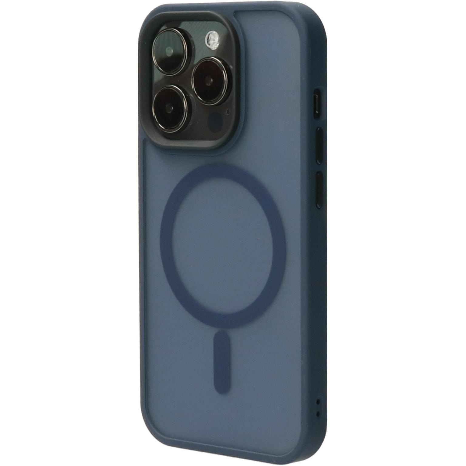 Donkerblauwe telefoonhoes met magnetische cirkel. Camera en knoppen zichtbaar. Witte achtergrond.