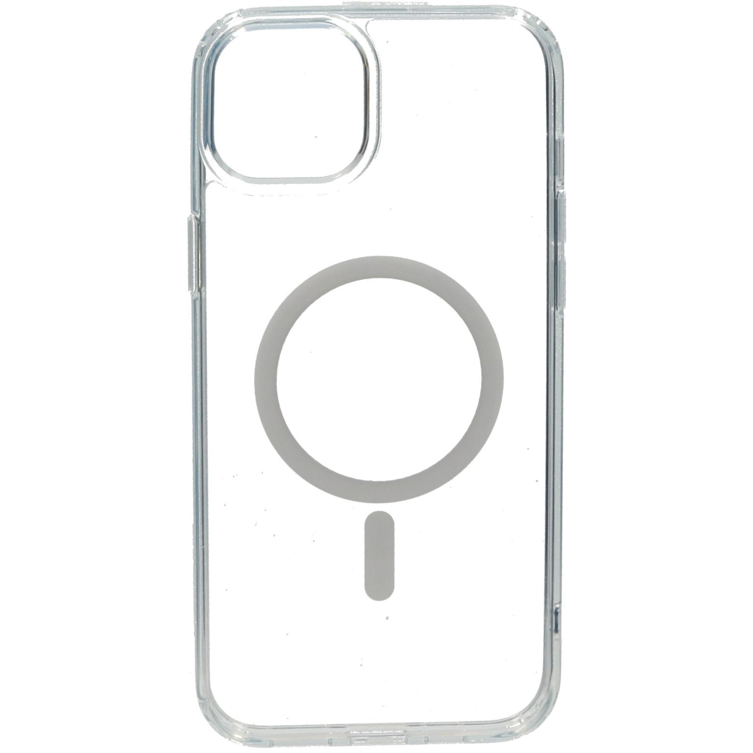 Transparant telefoonhoesje met een cirkelvormig, grijs MagSafe-design in het midden.