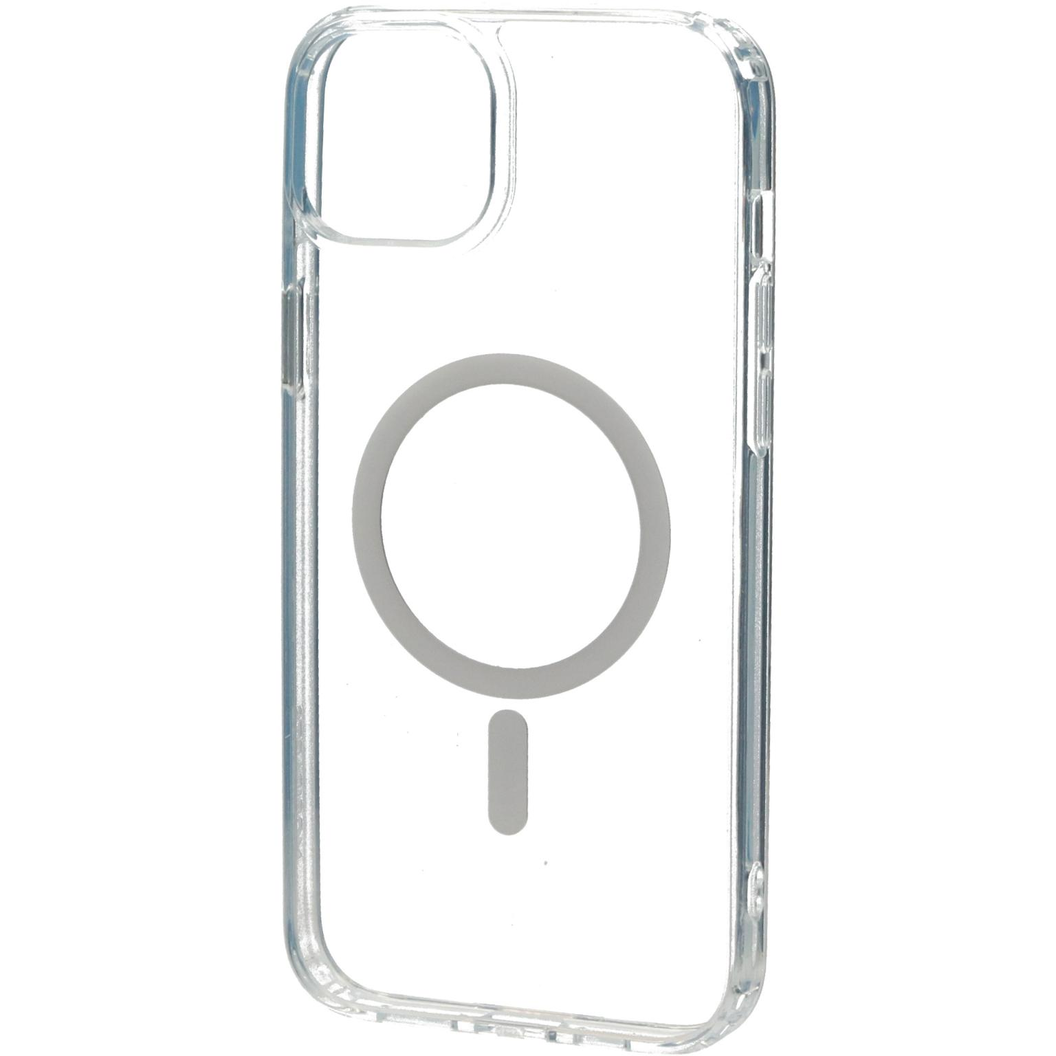 Transparante telefoonhoes, met een omtrek voor de camera en een cirkel voor MagSafe.
