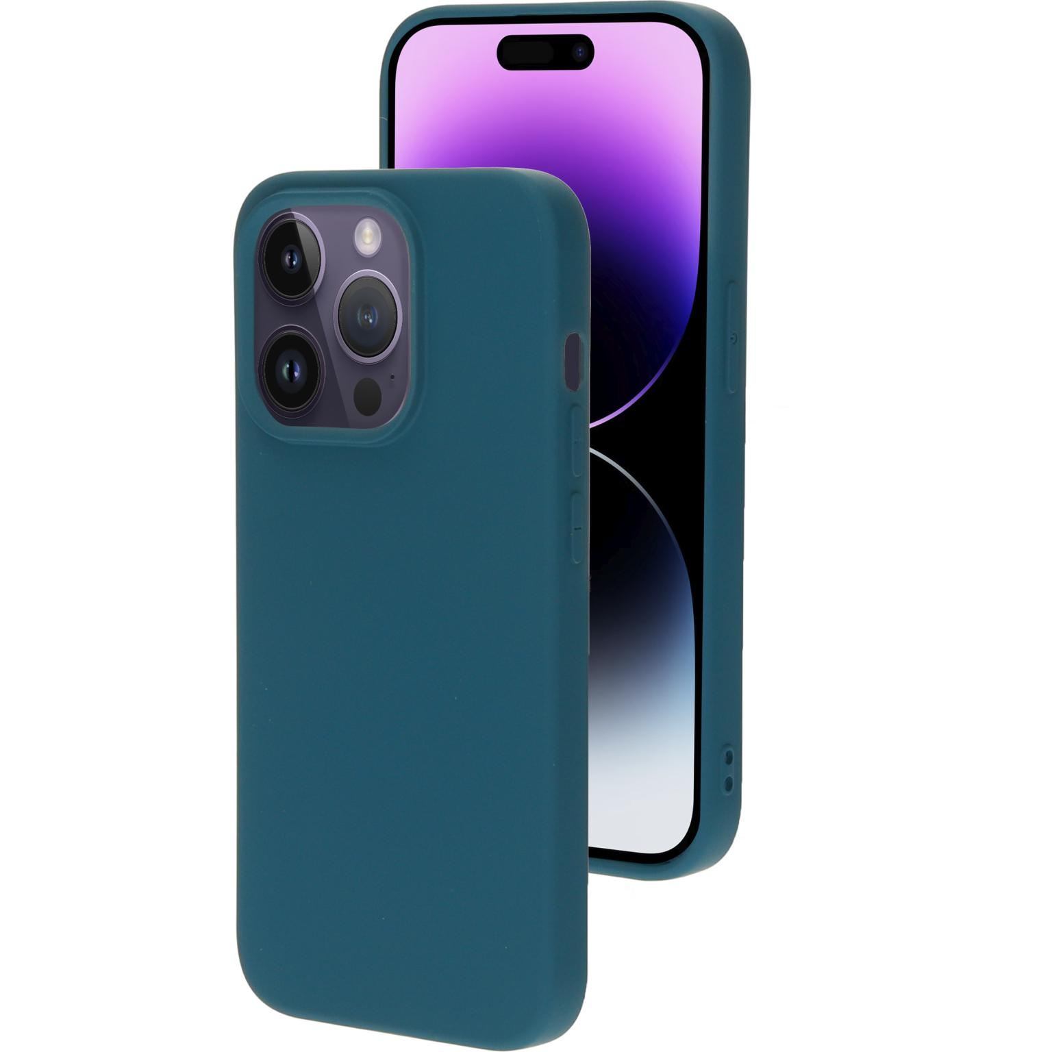Teal telefoonhoesje en telefoon. Telefoon heeft paars scherm.