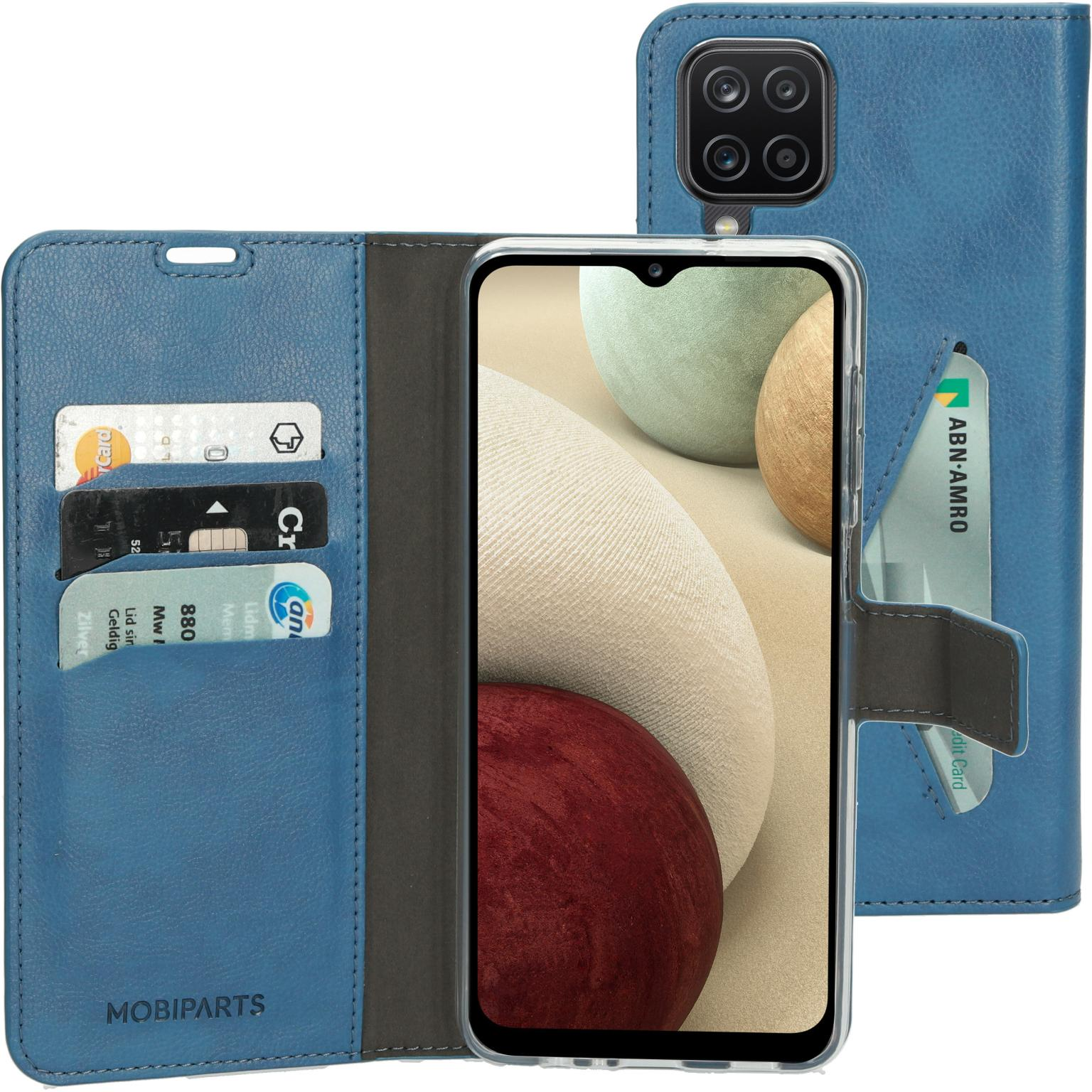 Blauwe telefoonhoes, opengeklapt om een telefoon met kaarten in sleuven te laten zien.