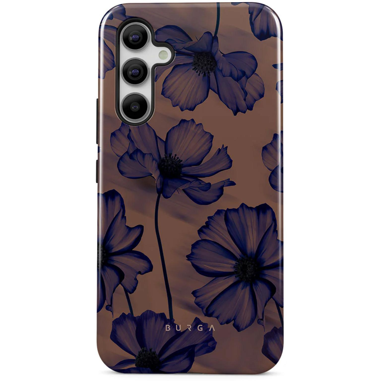 Telefoonhoesje met een bruine achtergrond en een blauw bloemmotief.