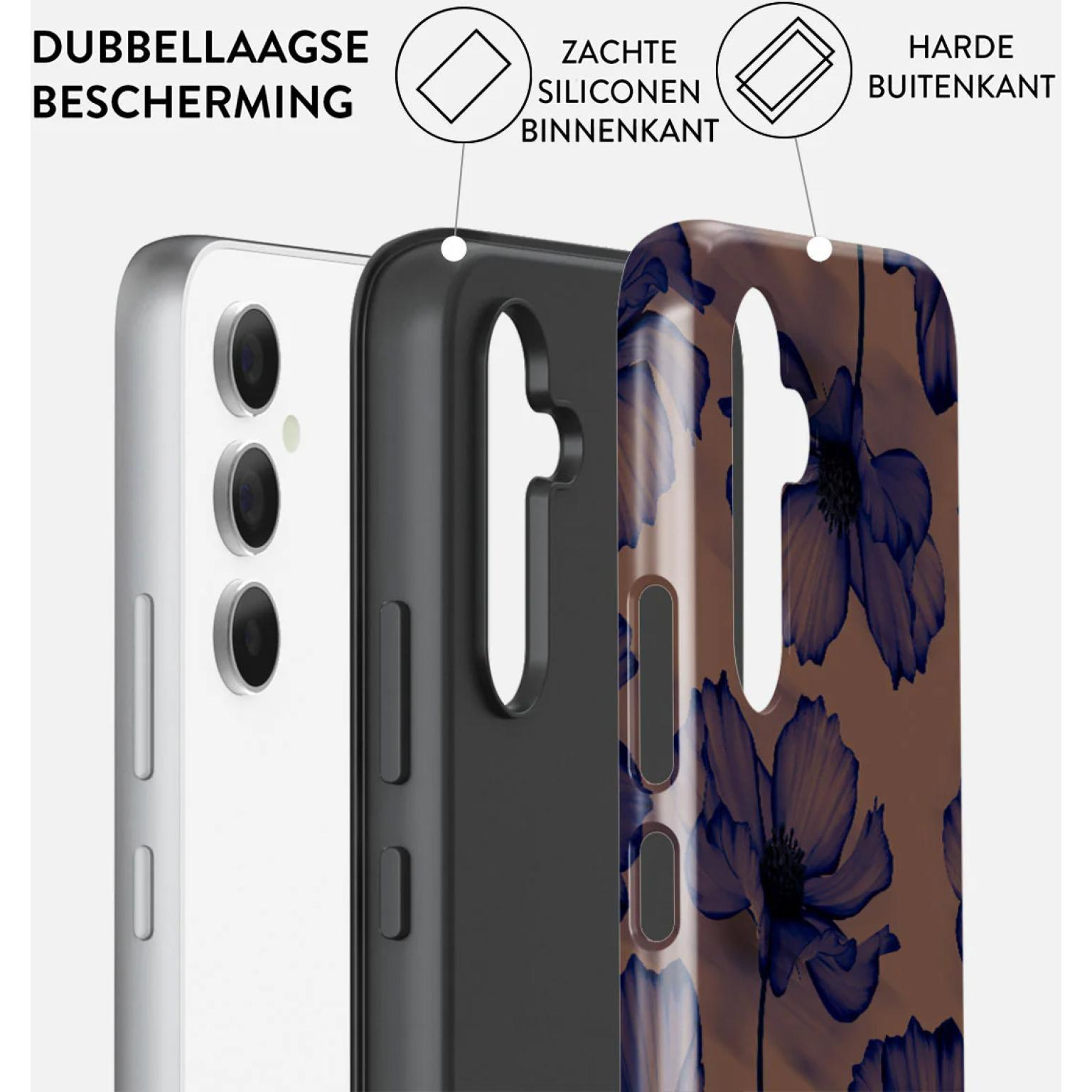 Telefoonhoeslagen: telefoon, zwart siliconen en een harde schaal met bloemenpatroon. Witte achtergrond.