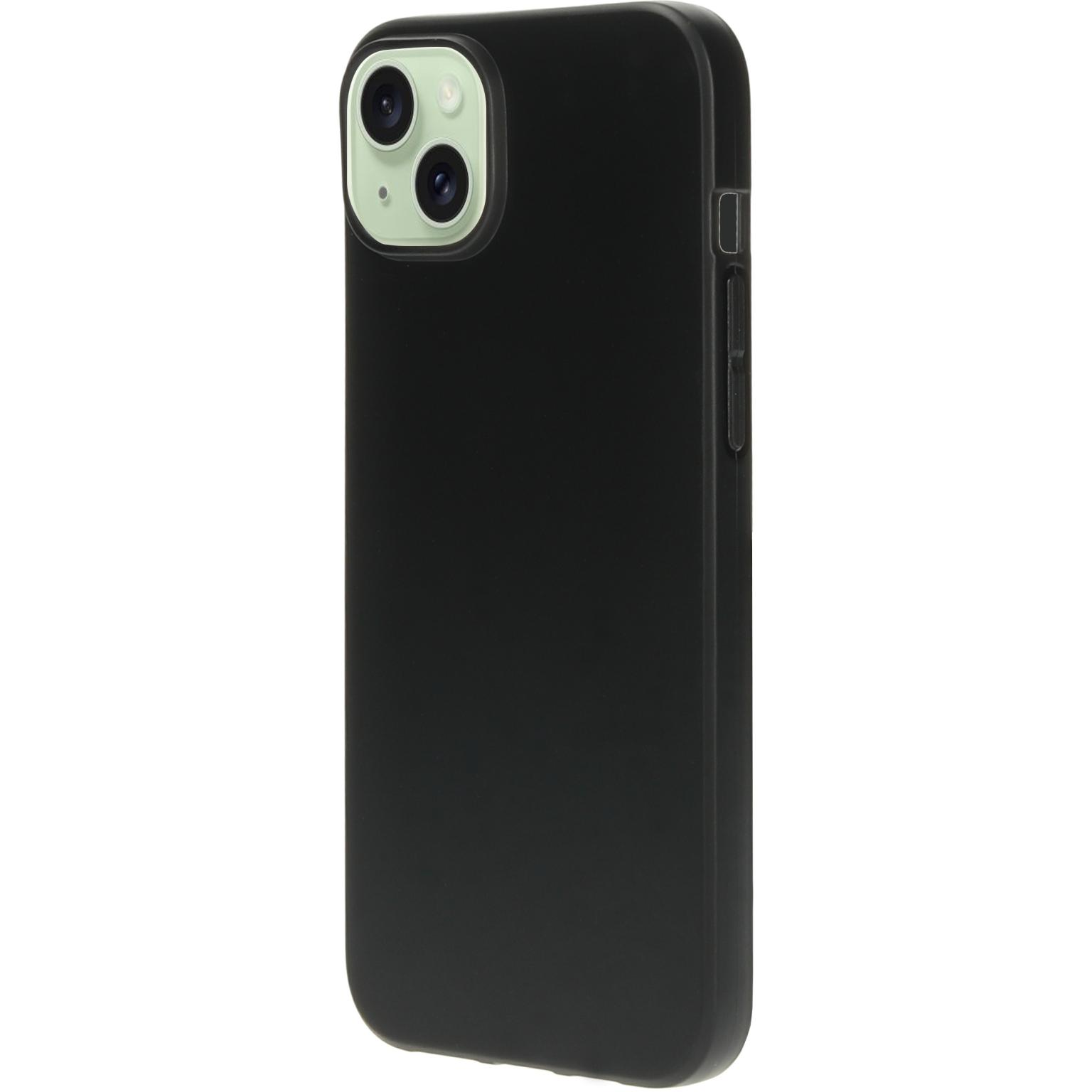 Zwarte telefoonhoes met een camera aan de achterkant. De hoes heeft een gladde, matte afwerking.