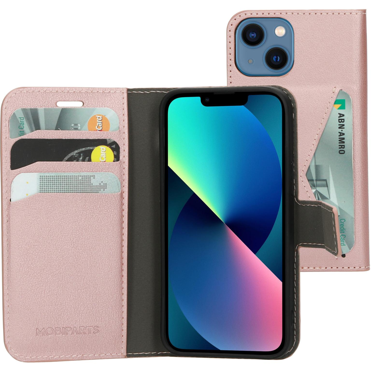 Pink phone case wallet open, showing a phone and cards. White background, light.