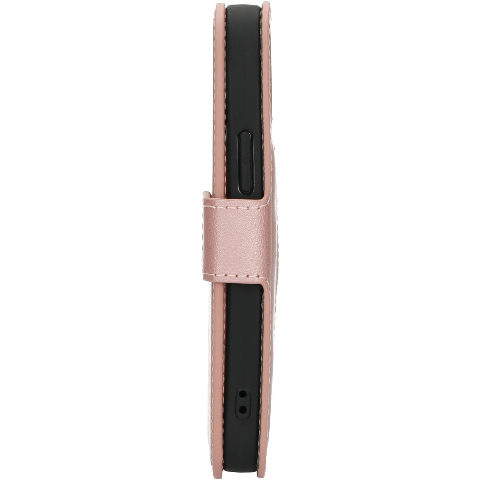 Side view of a pink phone case with a leather-like texture and a black interior.