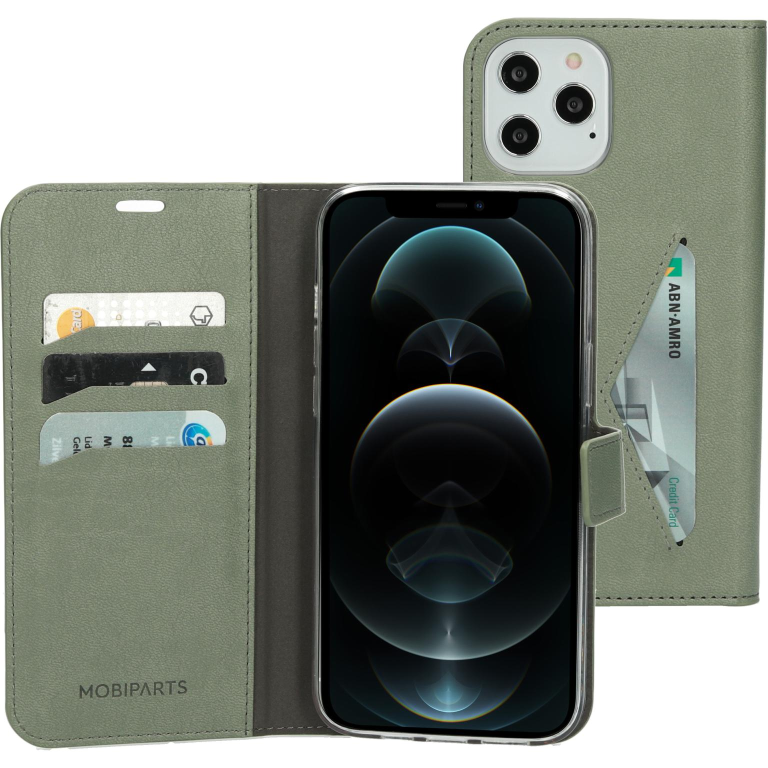 Green wallet-style phone case with credit cards and a phone inside.