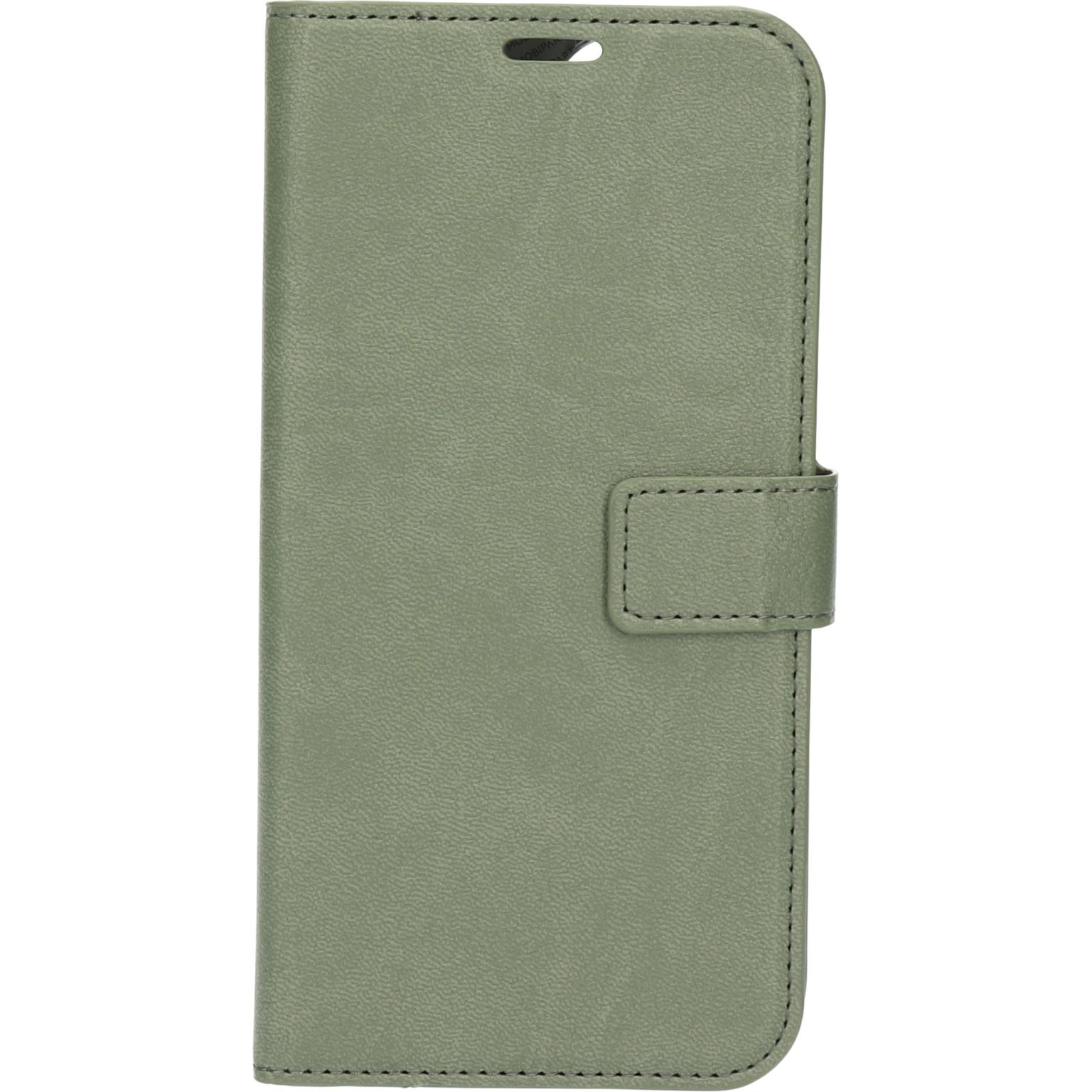 Green phone case. It has a magnetic closure and a cutout for the phone's earpiece.