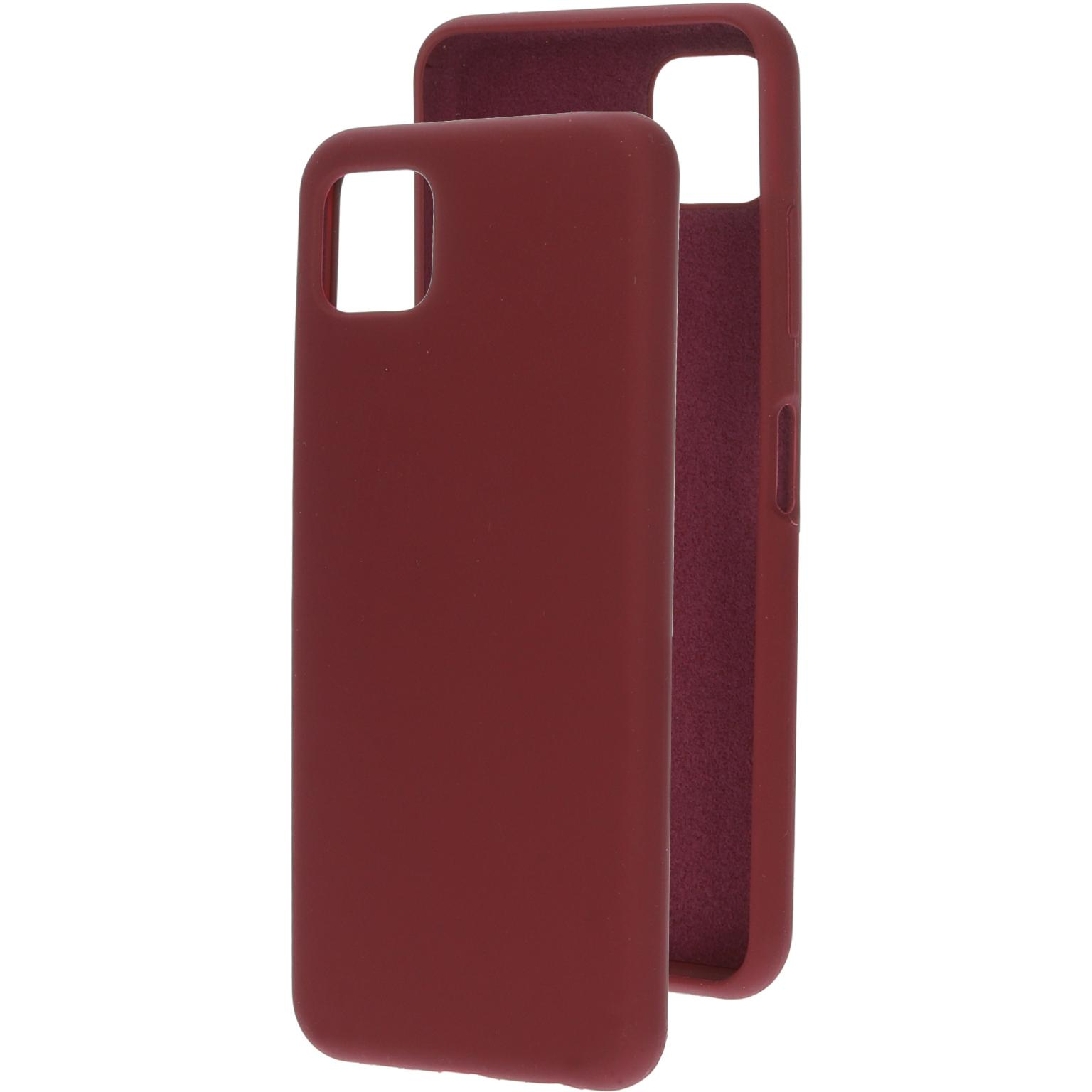 Bordeaux telefoonhoesje, open. Twee delen, binnen- en buitenkant tonen. Effen kleur.