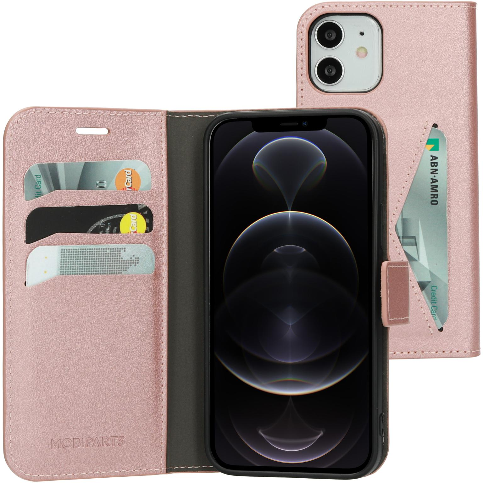 A pink phone case that opens, showing the inside, credit cards, and a phone.