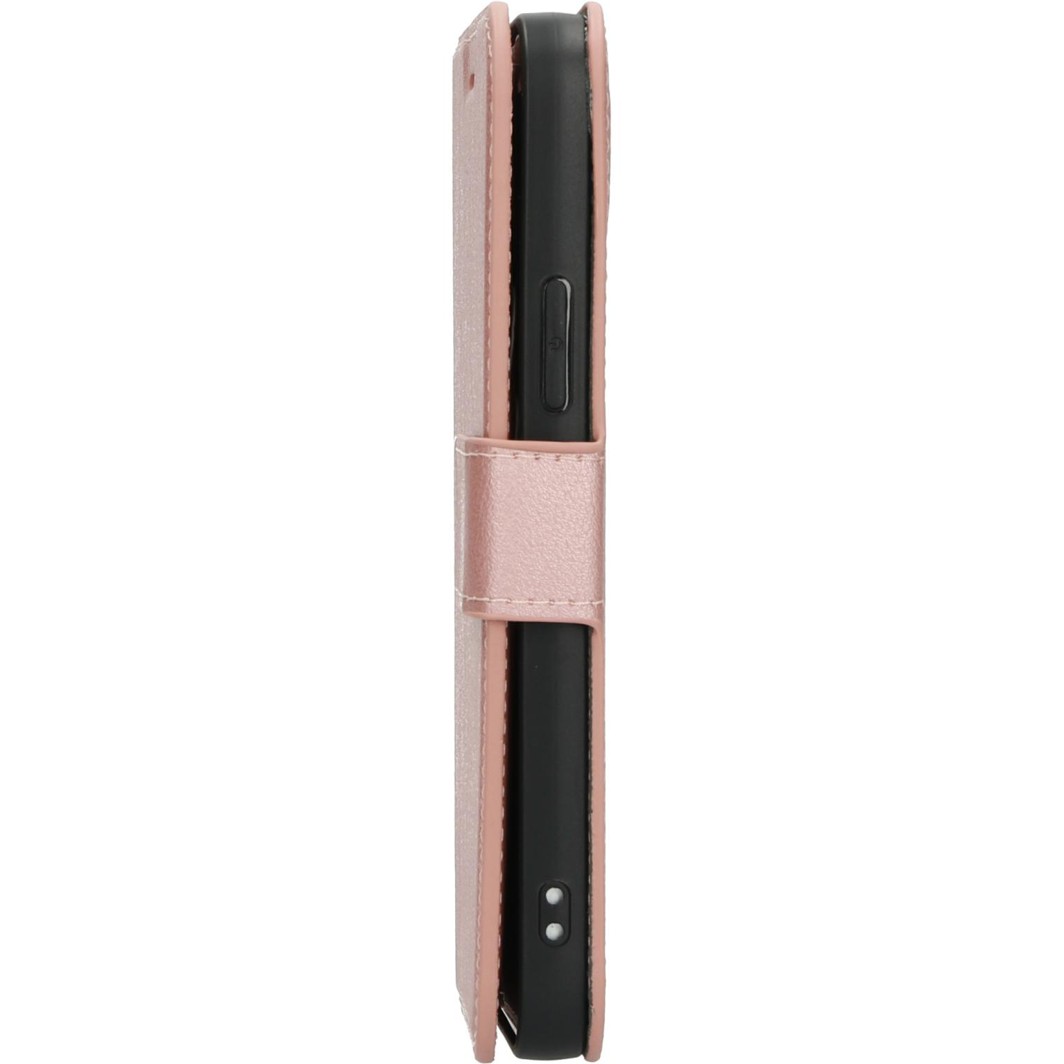 Pink phone case, wallet style. Closed. White background.