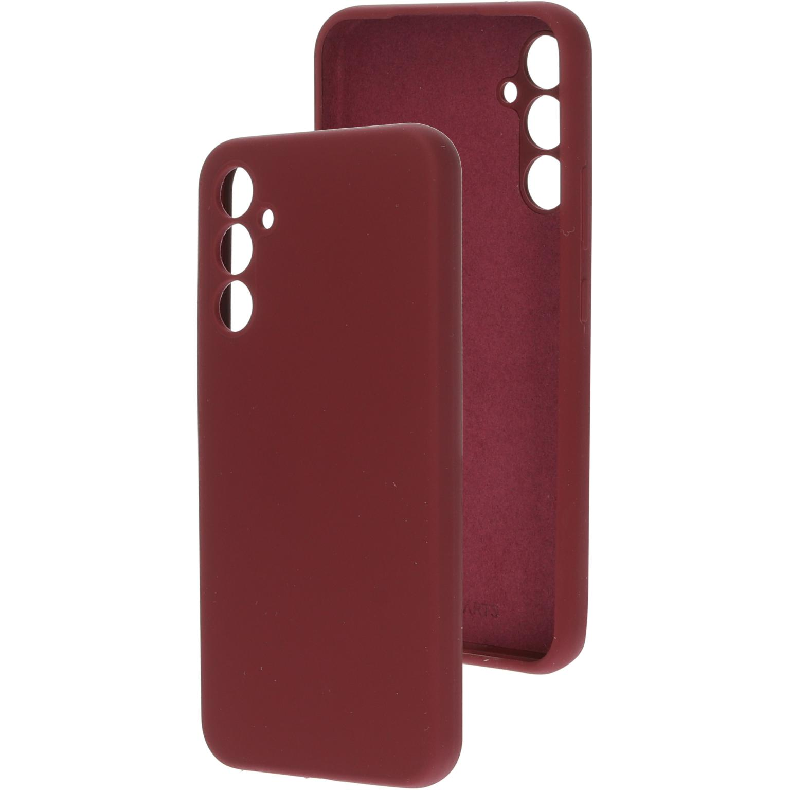 Twee bordeauxrode telefoonhoesjes, één in de ander, met camera- en poortopeningen.