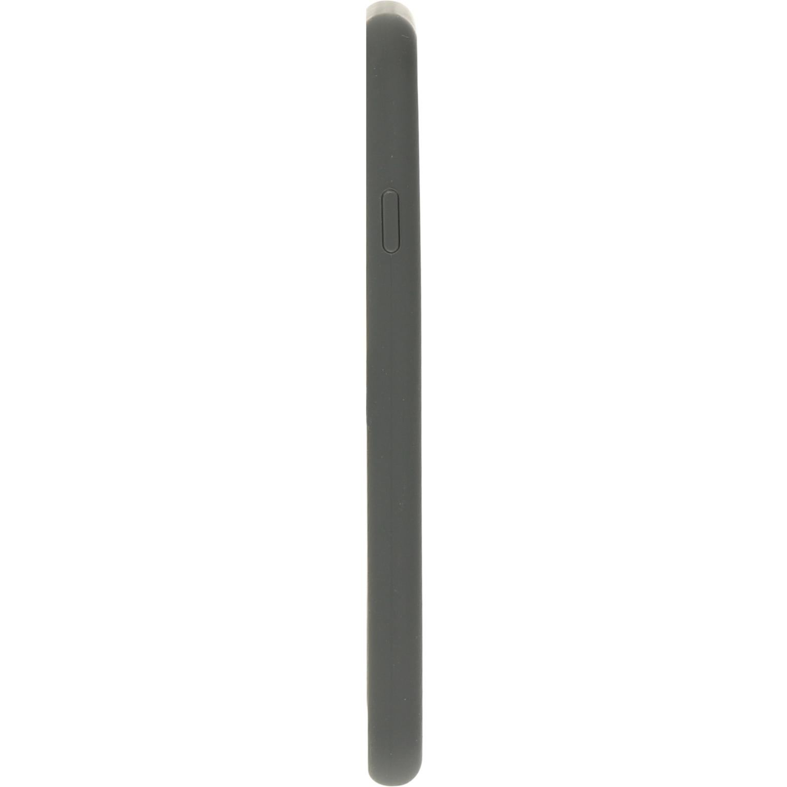 Zijaanzicht van een grijs telefoonhoesje. De hoes is glad en lijkt van plastic te zijn gemaakt.