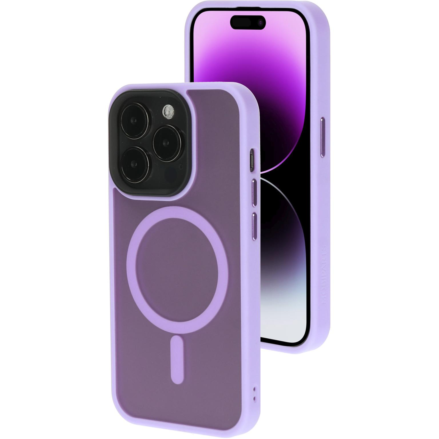 Paarse telefoonhoes en telefoon. Hoesje heeft een cirkel- en verticale balk ontwerp.