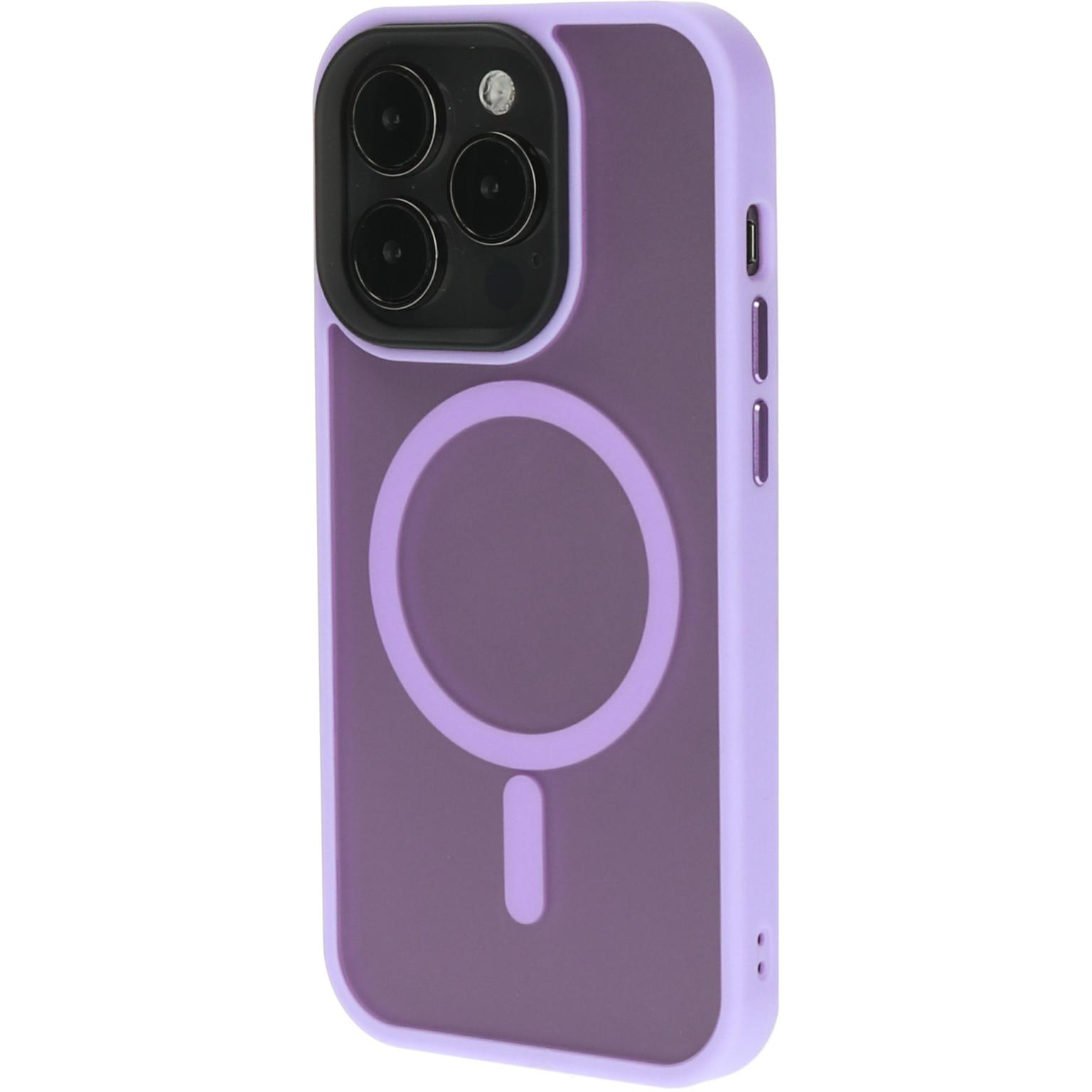 Paars telefoonhoesje met een witte cirkel en een minteken. Zijaanzicht.