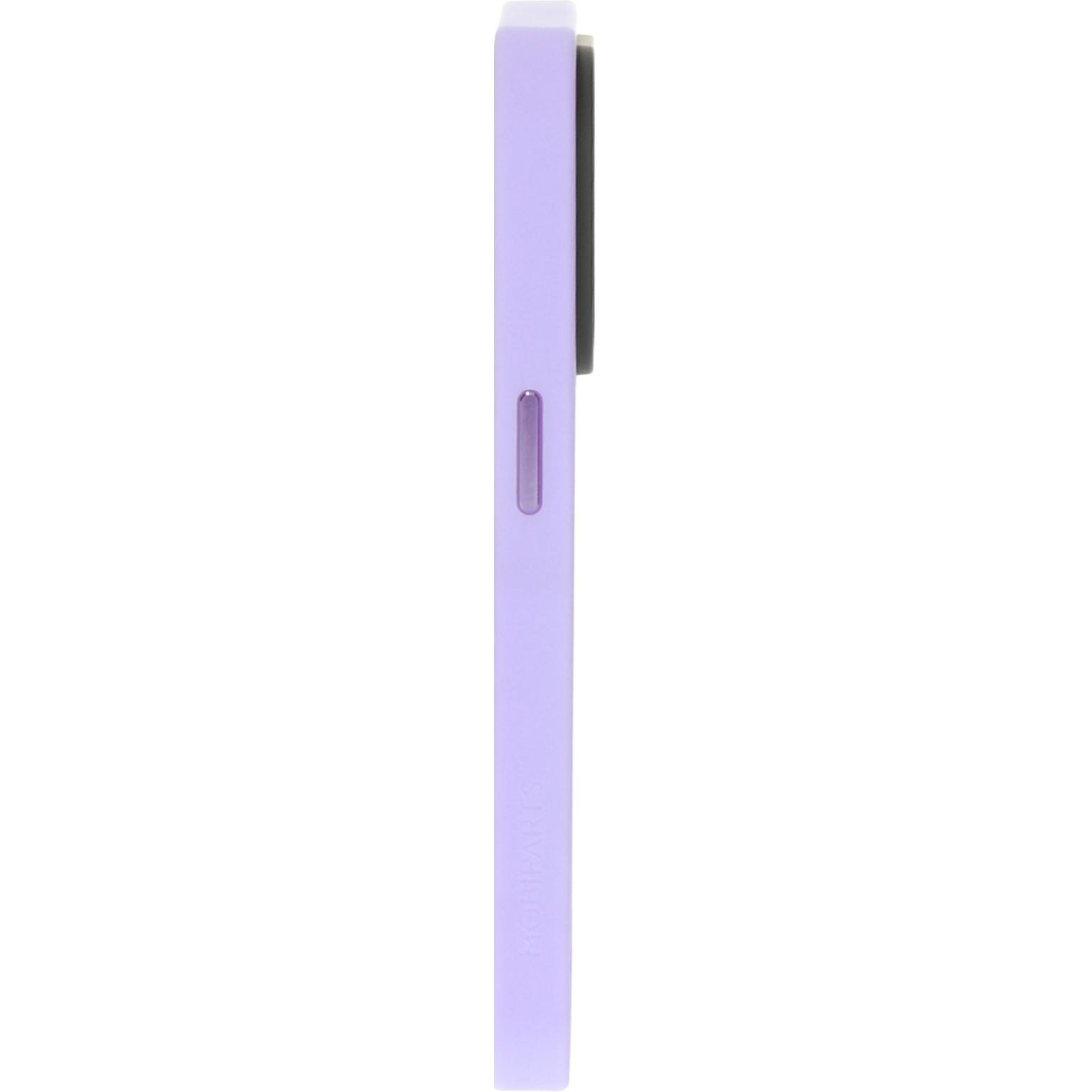 Zijaanzicht van een lavendelkleurige telefoonhoes. Met knop en camera-uitsparing.
