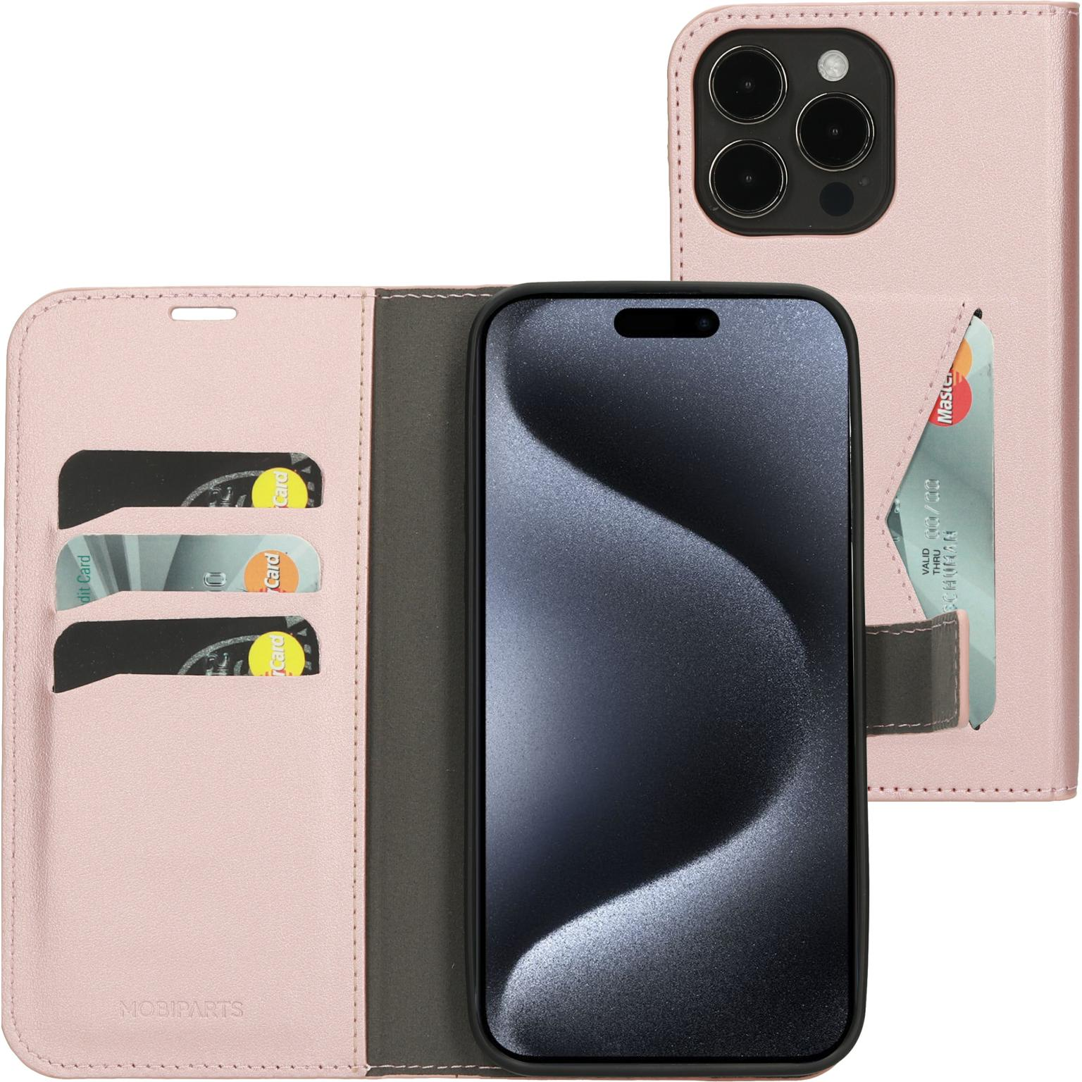 Roze telefoonhoes, zijaanzicht, met kaarten.