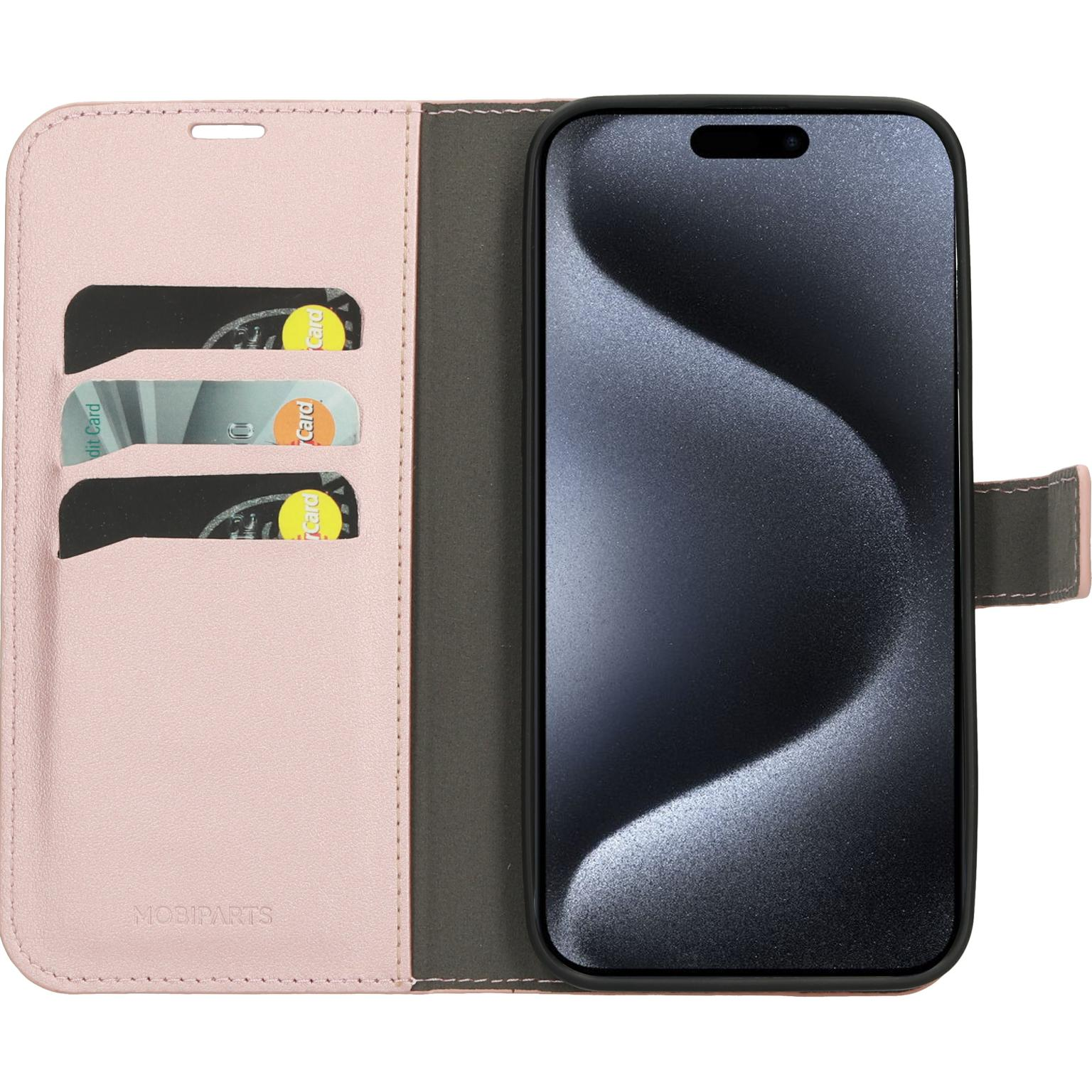 Roze telefoonhoesje open, onthult de telefoon en kaartsleuven. De telefoon is zwart.