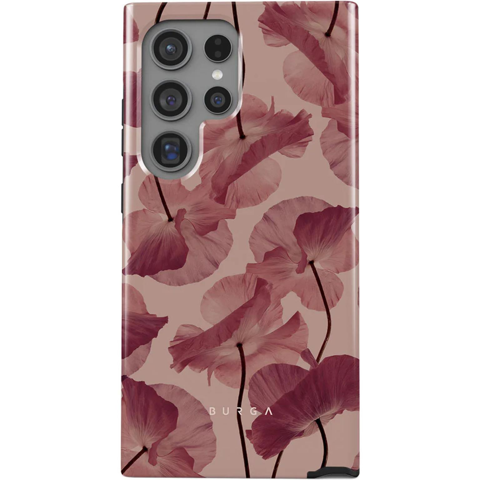 Handyhülle mit rosa Mohnblumen auf hellbraunem Hintergrund. 'BURGA' steht unten.