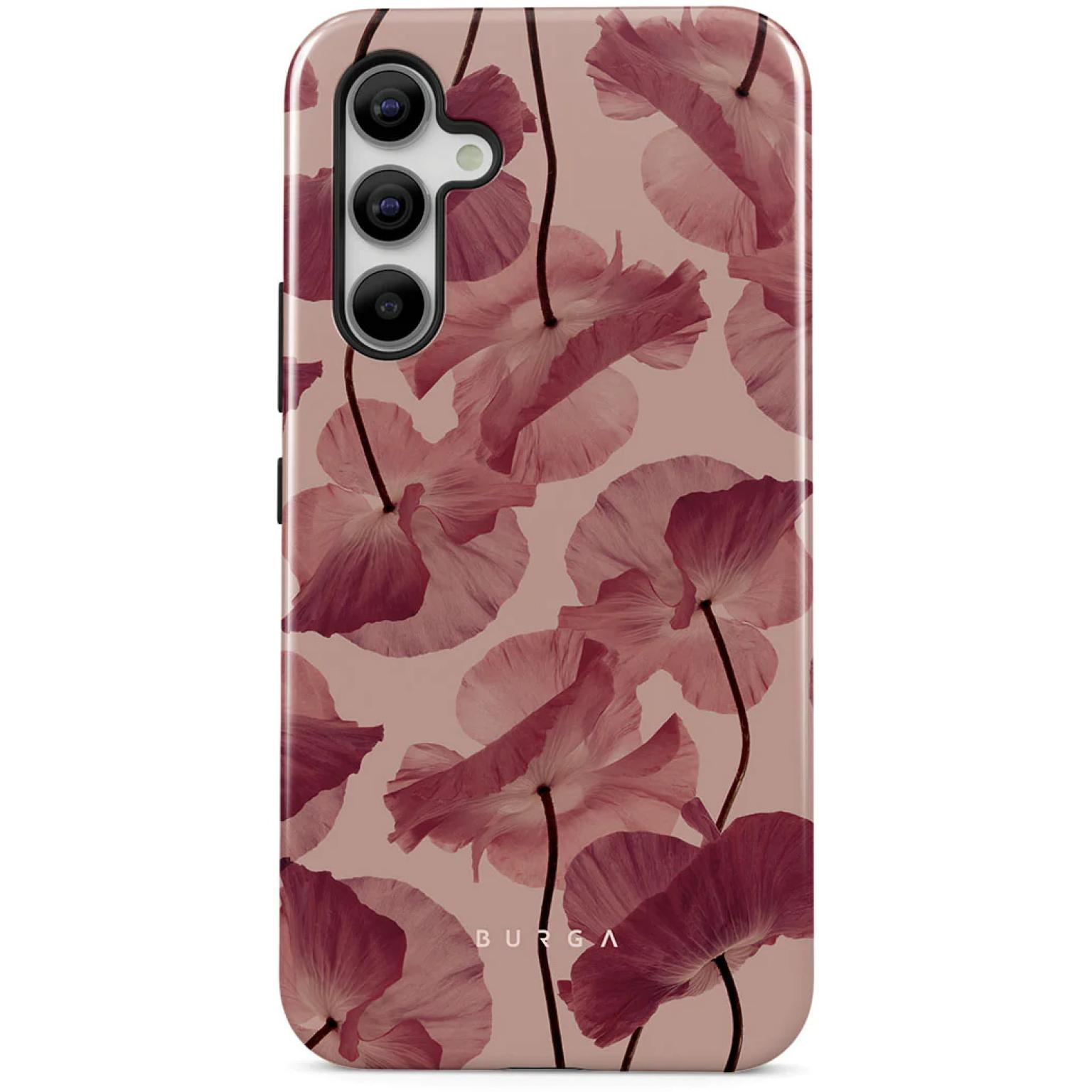 Telefoonhoesje met bloemenpatroon van roze bloemen op lichte achtergrond.