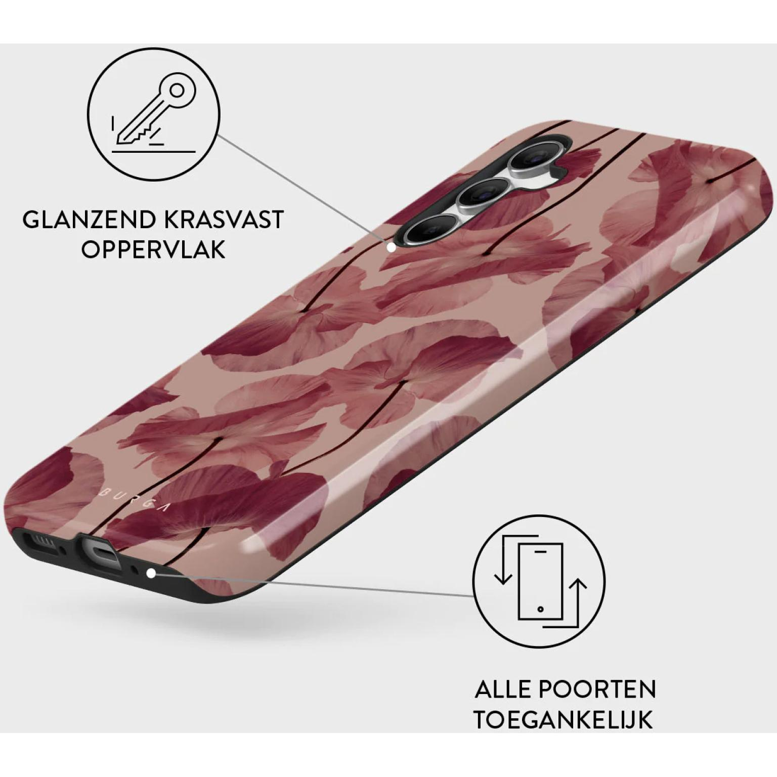 Telefoonhoes met rood bloemdesign. Tekst: 'Glanzend Krasvast Oppervlak'. Witte achtergrond.