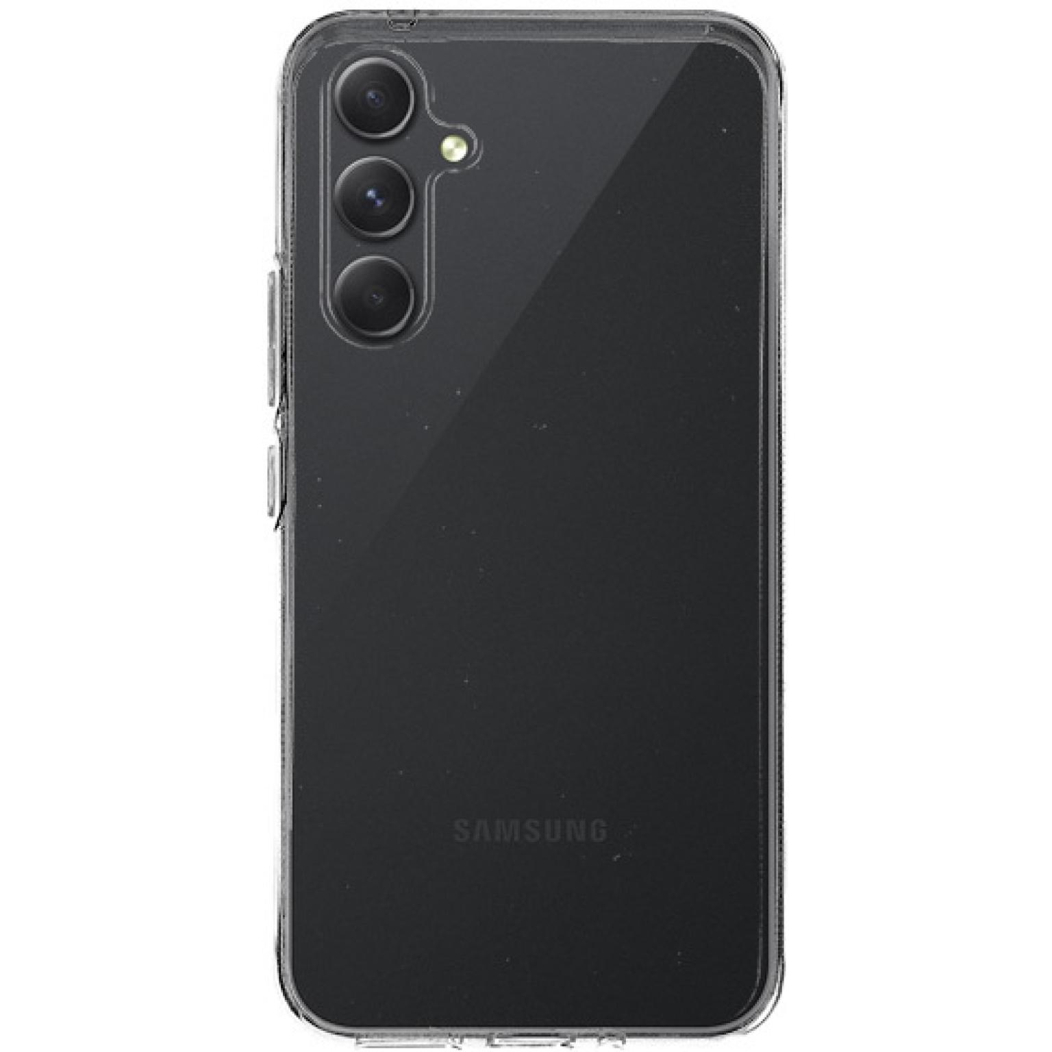 Transparant telefoonhoesje op Samsung telefoon. Samsung-logo zichtbaar. Transparant ontwerp.