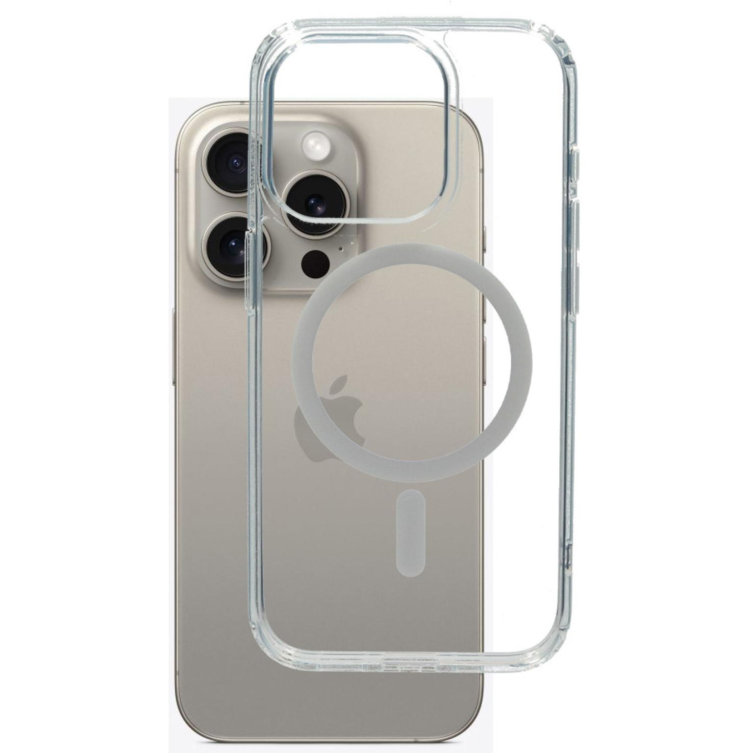 Een doorzichtig telefoonhoesje op een gouden telefoon. Heeft een cirkel en een verticaal balkontwerp.