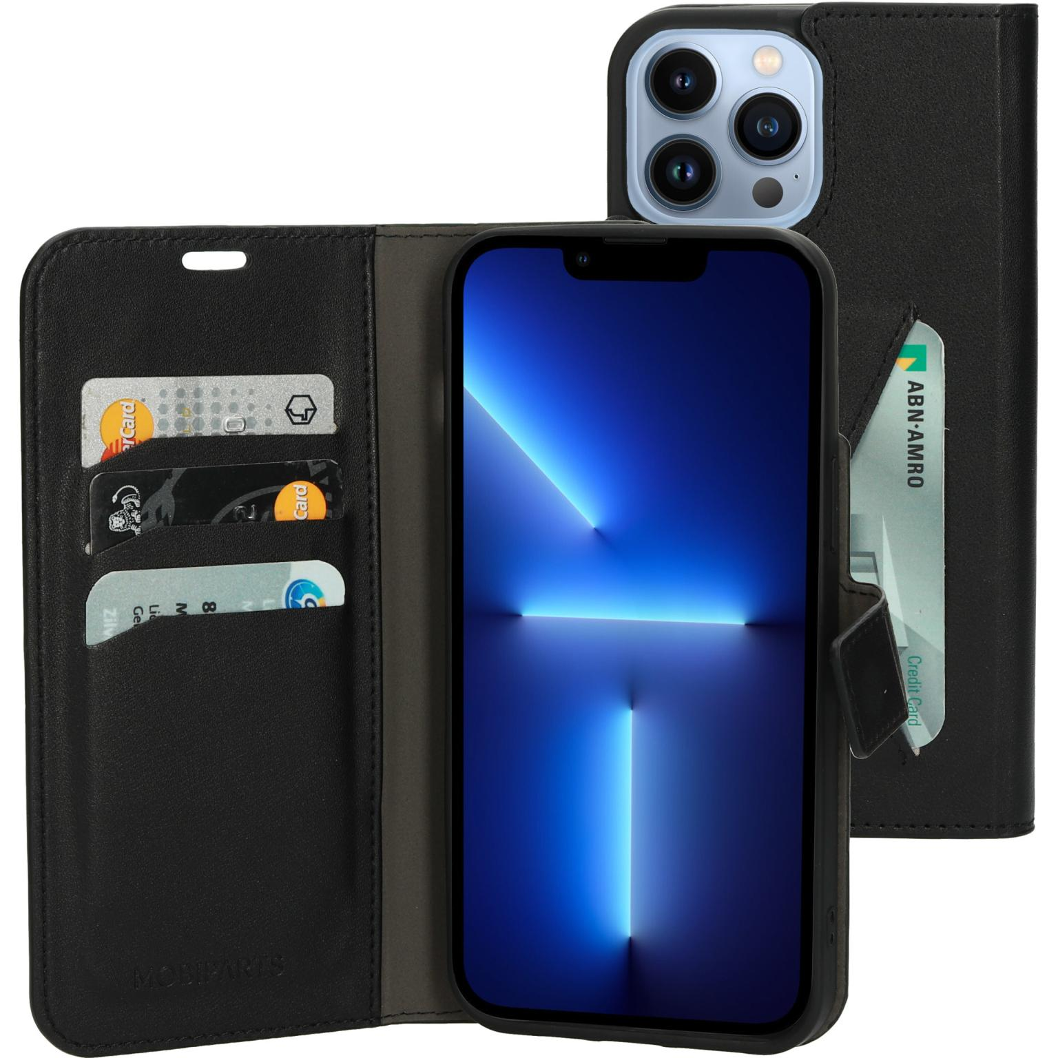Zwarte leren telefoonportemonnee met kaarten en een telefoon erin. ABN AMRO creditcard zichtbaar.